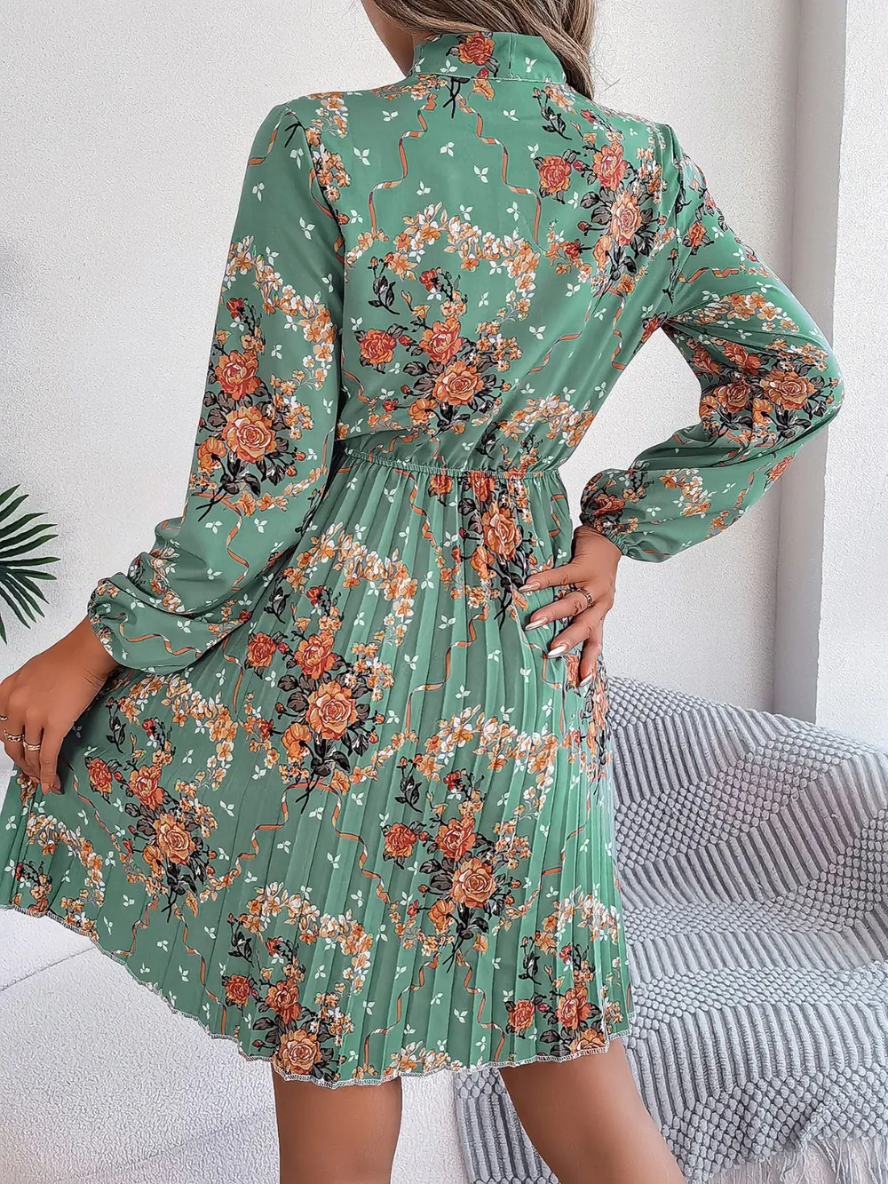 Pleated Printed Tie Neck Long Sleeve Dress, image 10