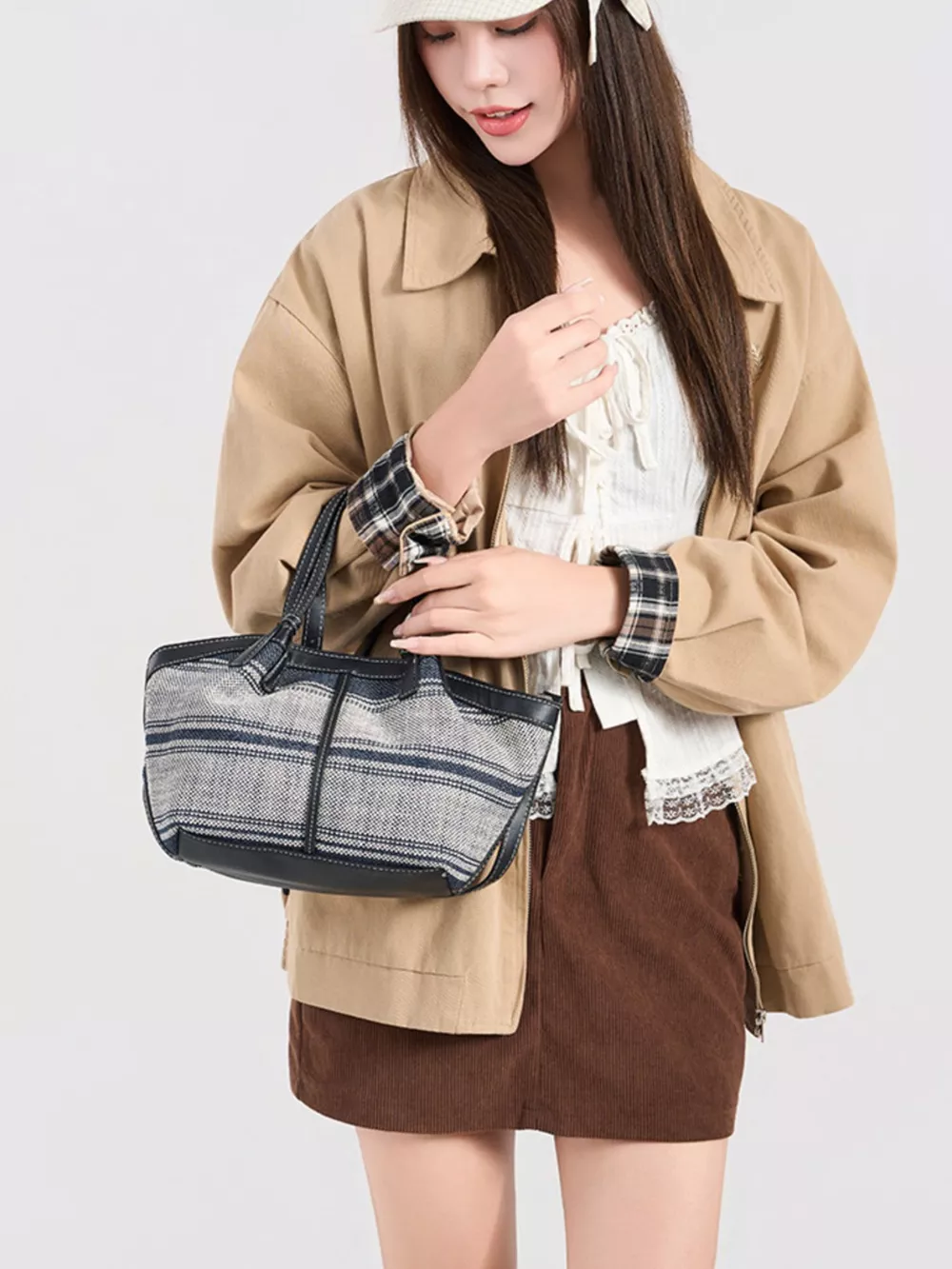 Vintage Striped Crossbody Bag with Leather Trim