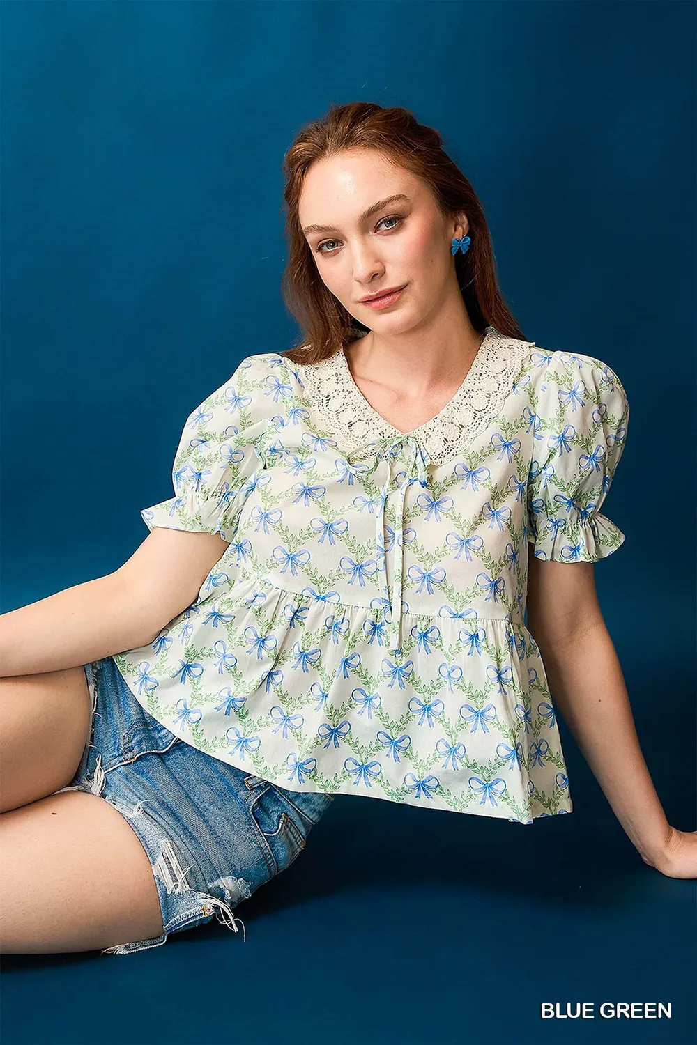 Lace Detail Bow Print Flounce Sleeve Blouse