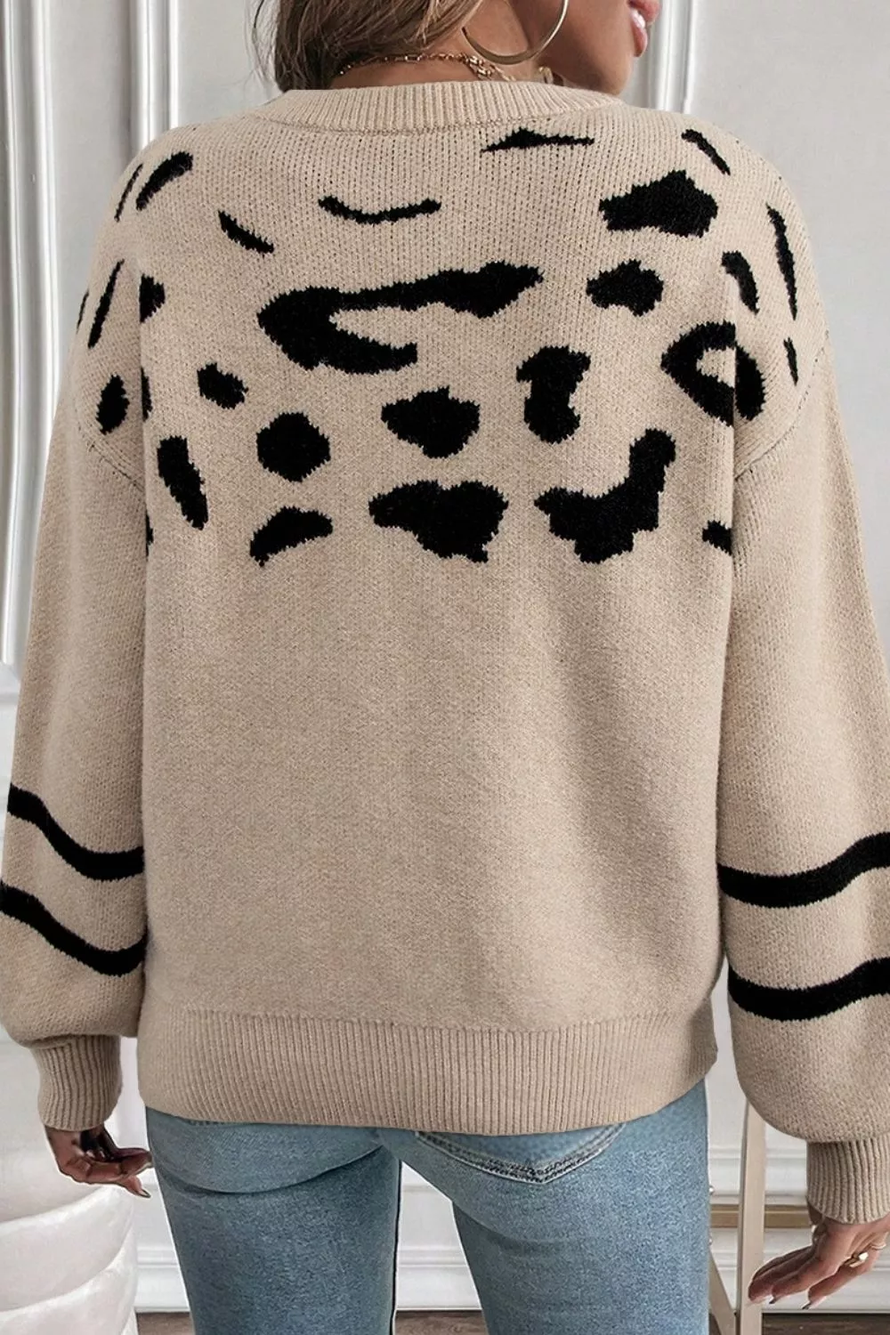 Leopard Round Neck Dropped Shoulder Sweater, image 2