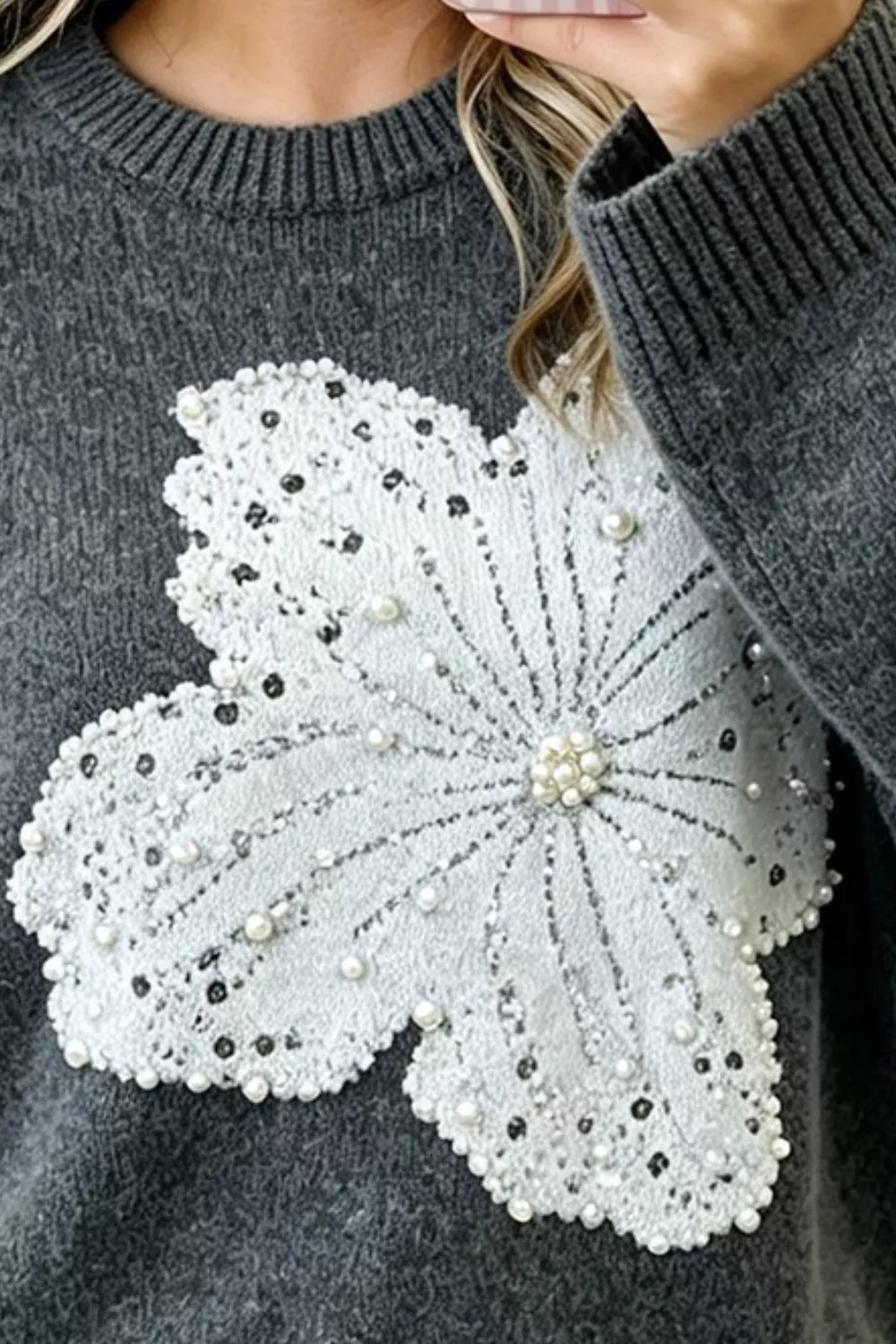 Pearl Embellished Floral Dropped Shoulder Sweater, image 3