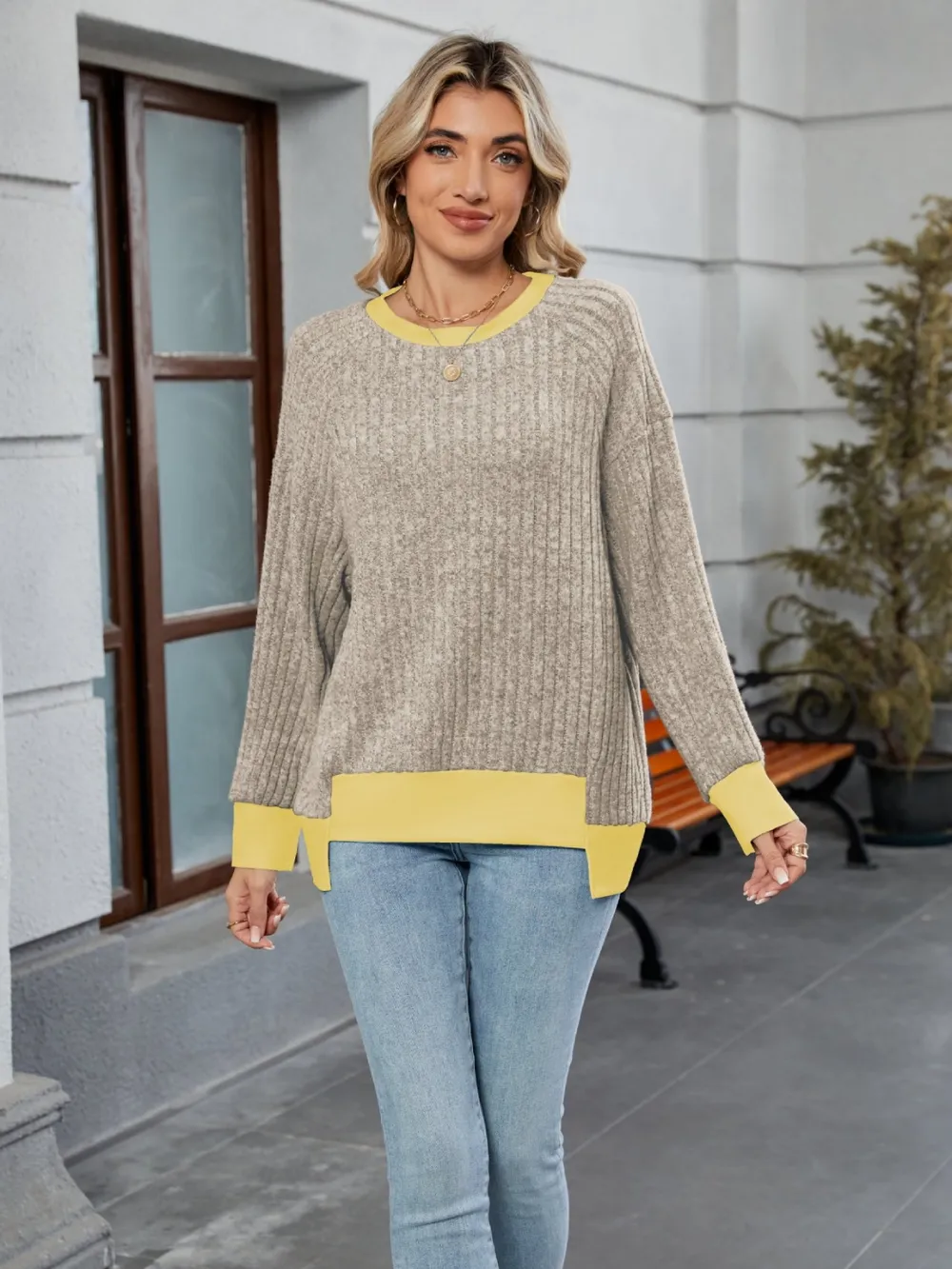 Contrast Trim Round Neck Long Sleeve T-Shirt, image 8