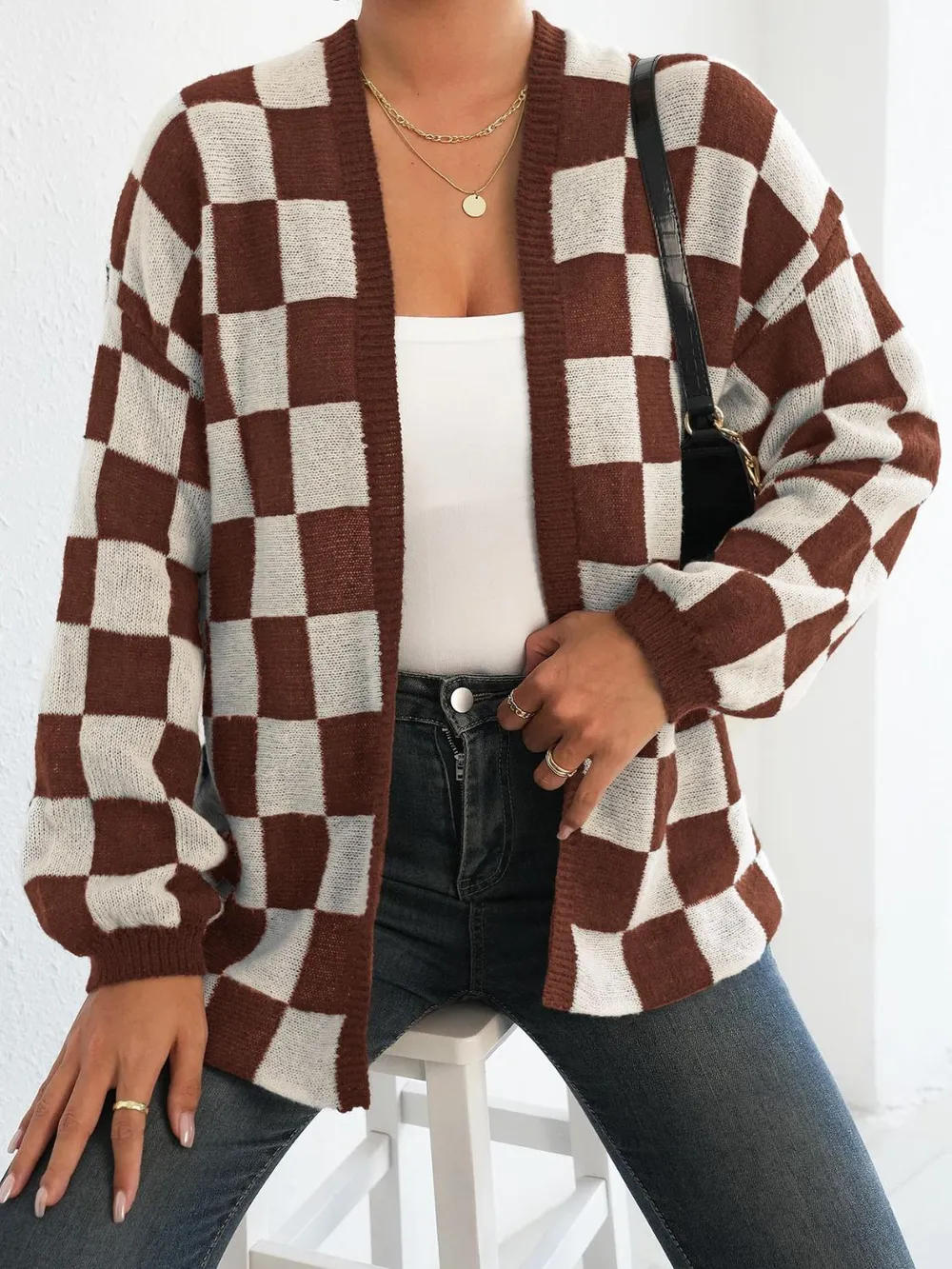Checkered Open Front Long Sleeve Cardigan, image 6