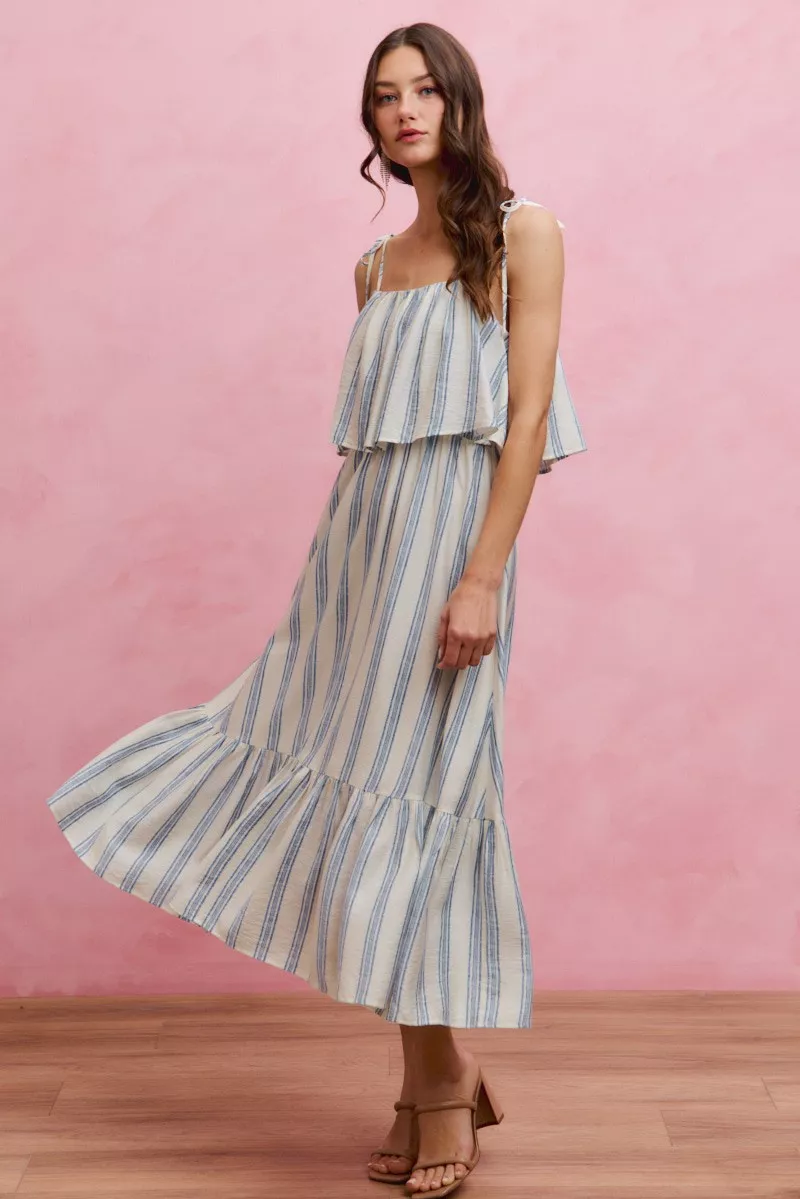 Stripe Tiered Shoulder Tie Midi Lined Dress, image 4