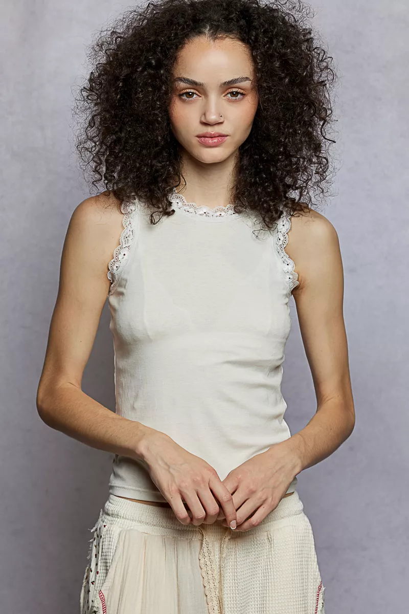 Round Neck Cropped Tank with Lace Trim