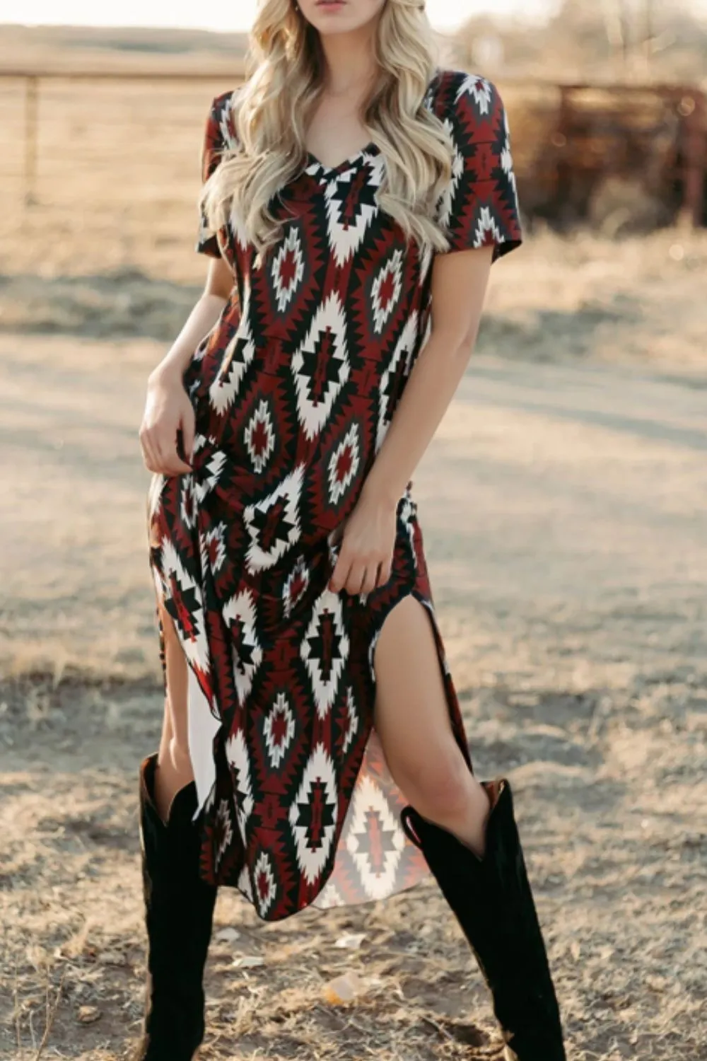 Aztec Print V-Neck Midi Dress, image 9