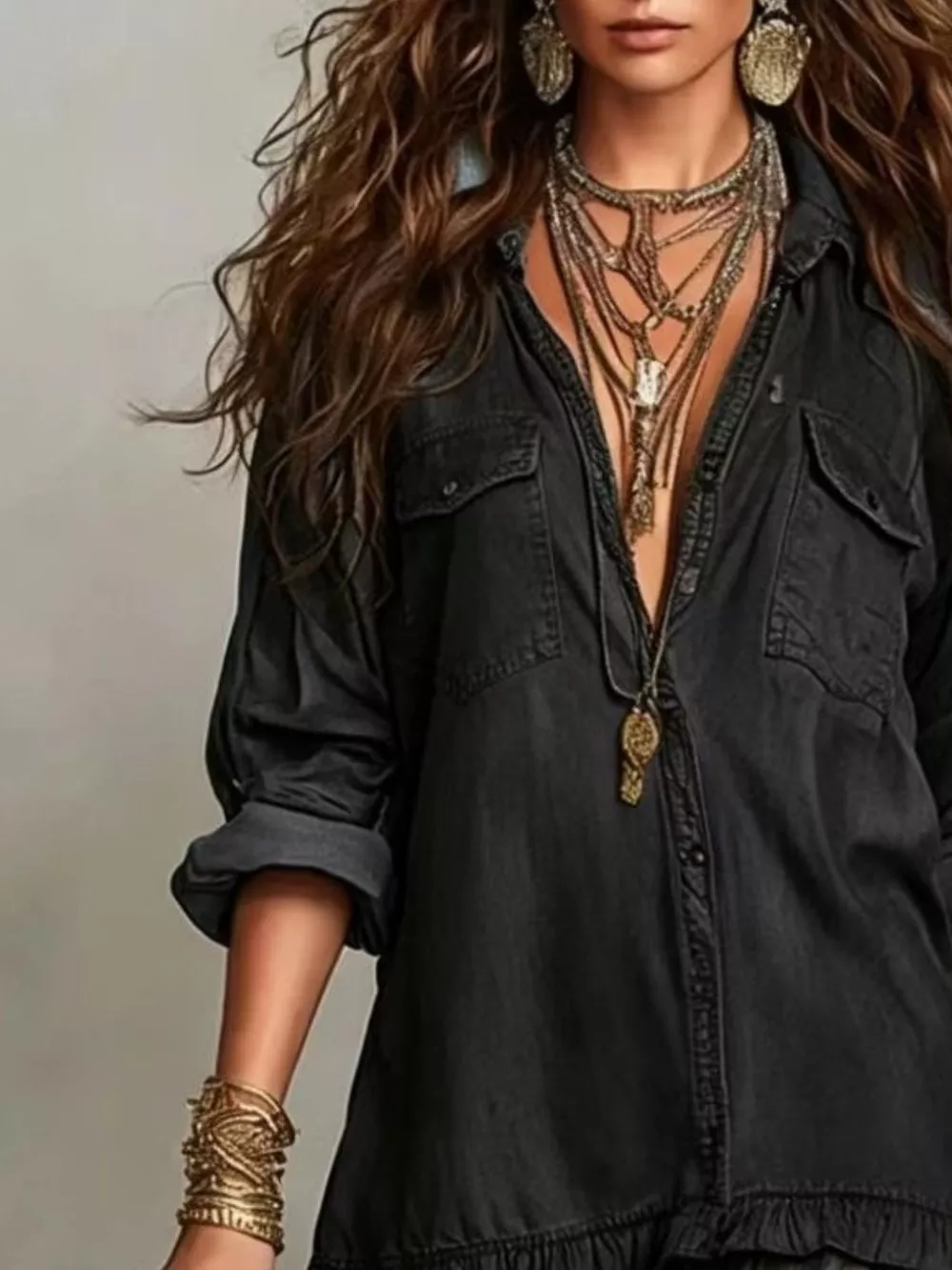 Full Size Tiered Long Sleeve Denim Shirt Maxi Dress Plus Size, image 4