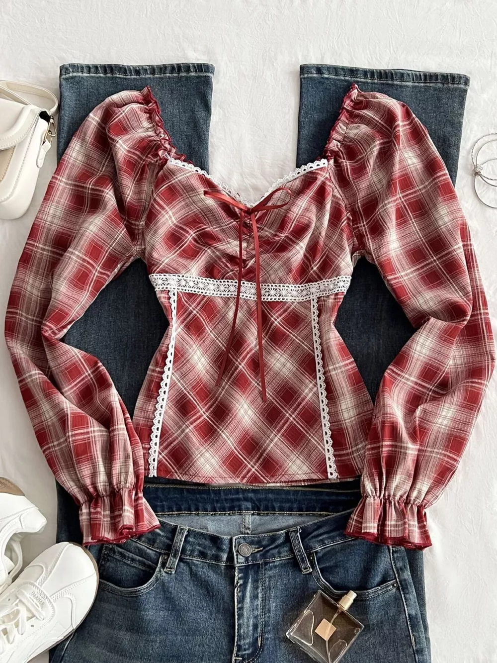 Plaid Lace-Trimmed Long Sleeve Blouse, image 5