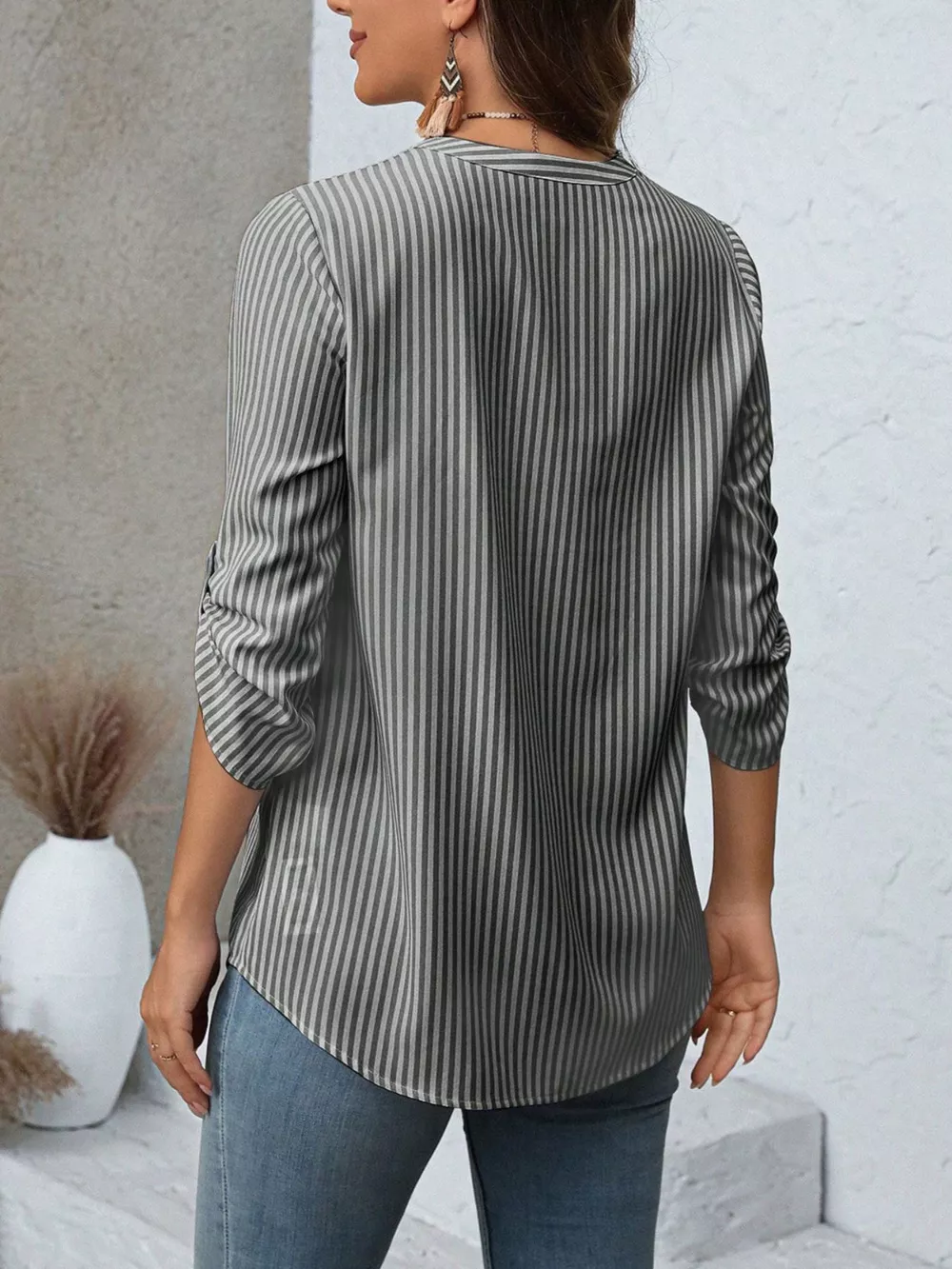 Striped V-Neck Roll-Up Sleeve Blouse, image 11