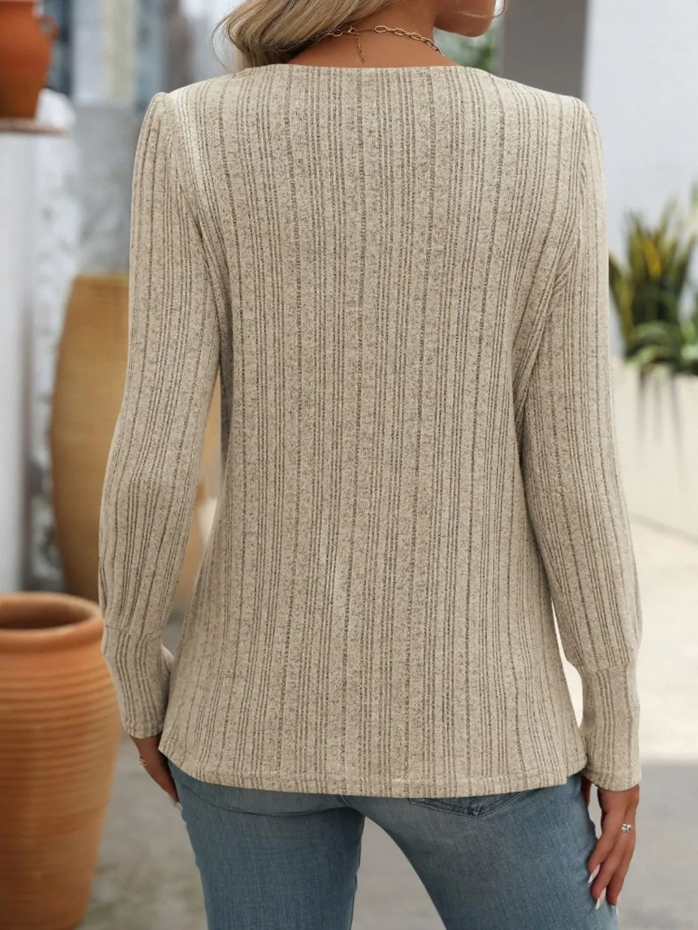 Decorative Button Striped Square Neck Long Sleeve T-Shirt, image 24