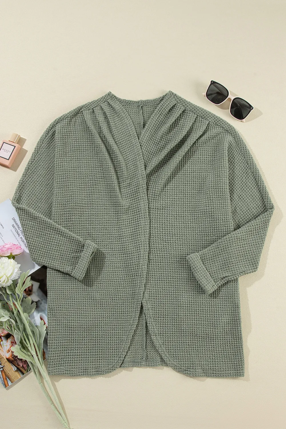 Waffle-Knit Open Front Long Sleeve Cover Up, image 3