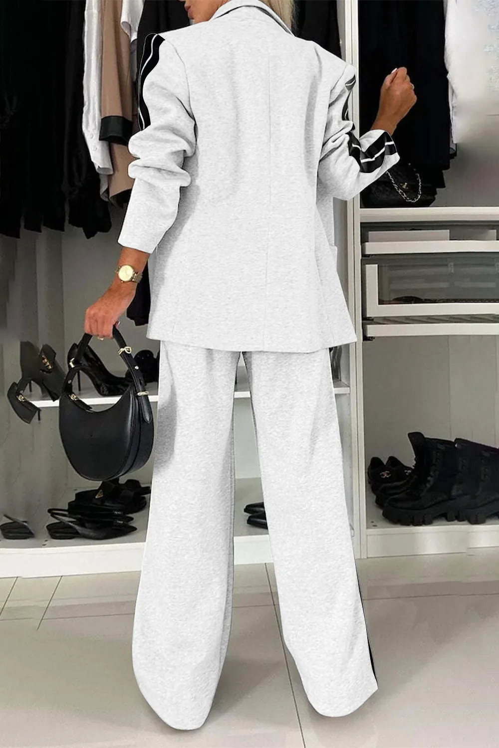 Full Size Contrast Lapel Collar Top and Pants Set, image 17