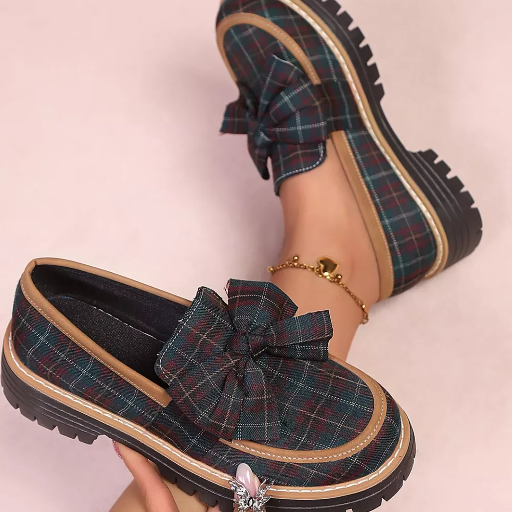 Plaid Bow Decor Chunky Loafers, image 7
