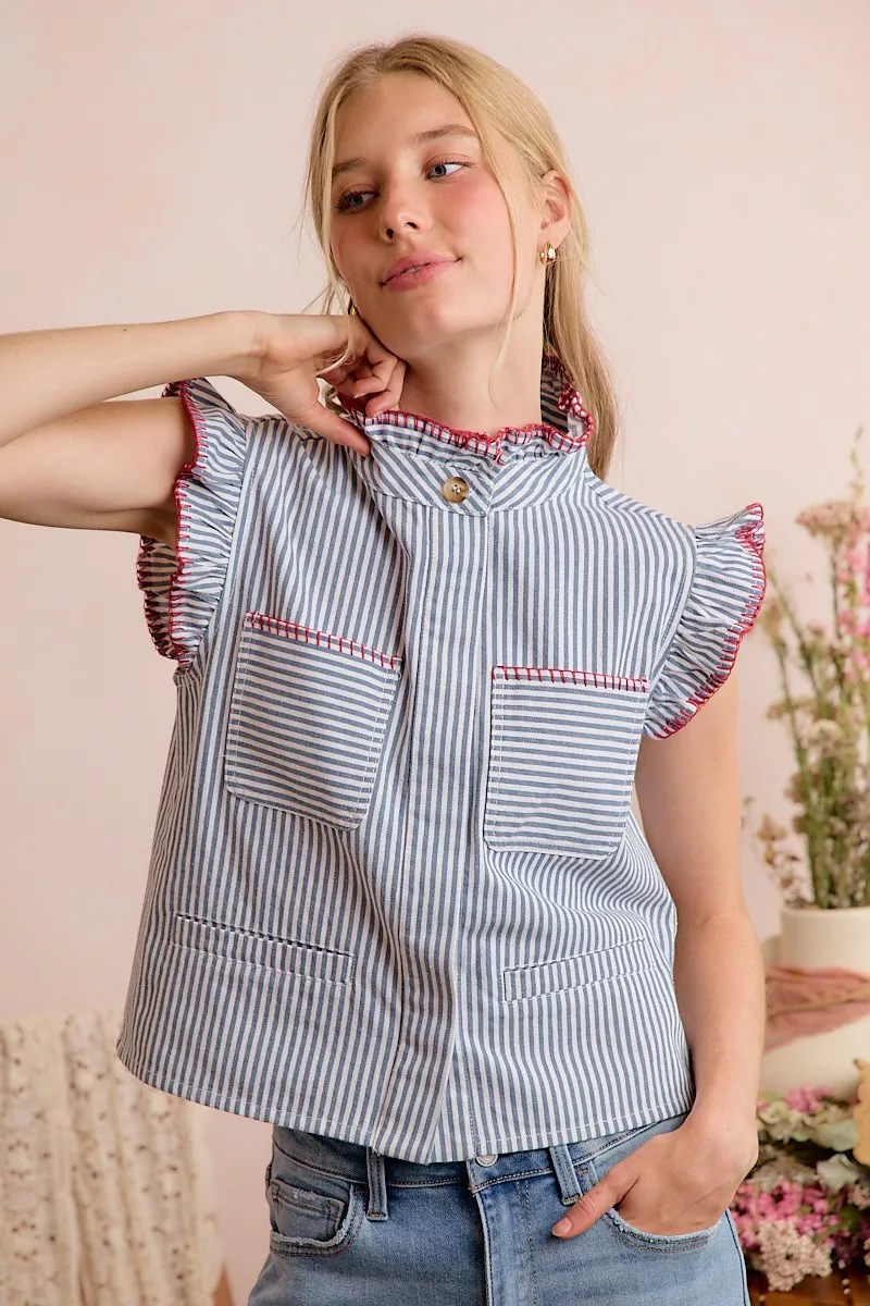 Stripe Twill Stitch Ruffled Hidden Button Vest Top, image 11
