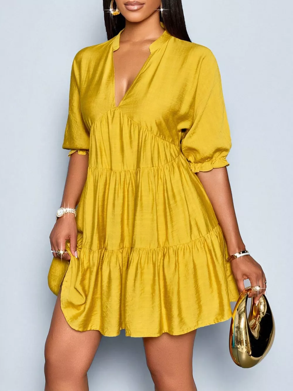 Notched Half Sleeve Tiered Dress, image 18