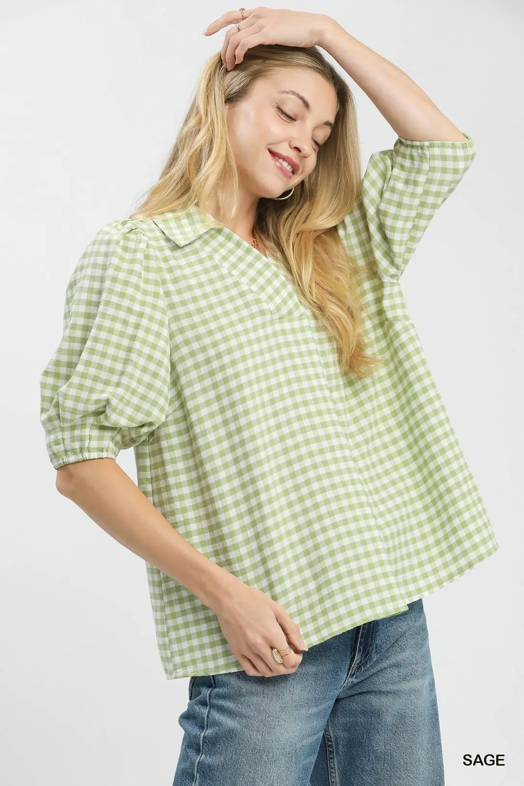 Gingham Puff Sleeve Collared Blouse, image 2