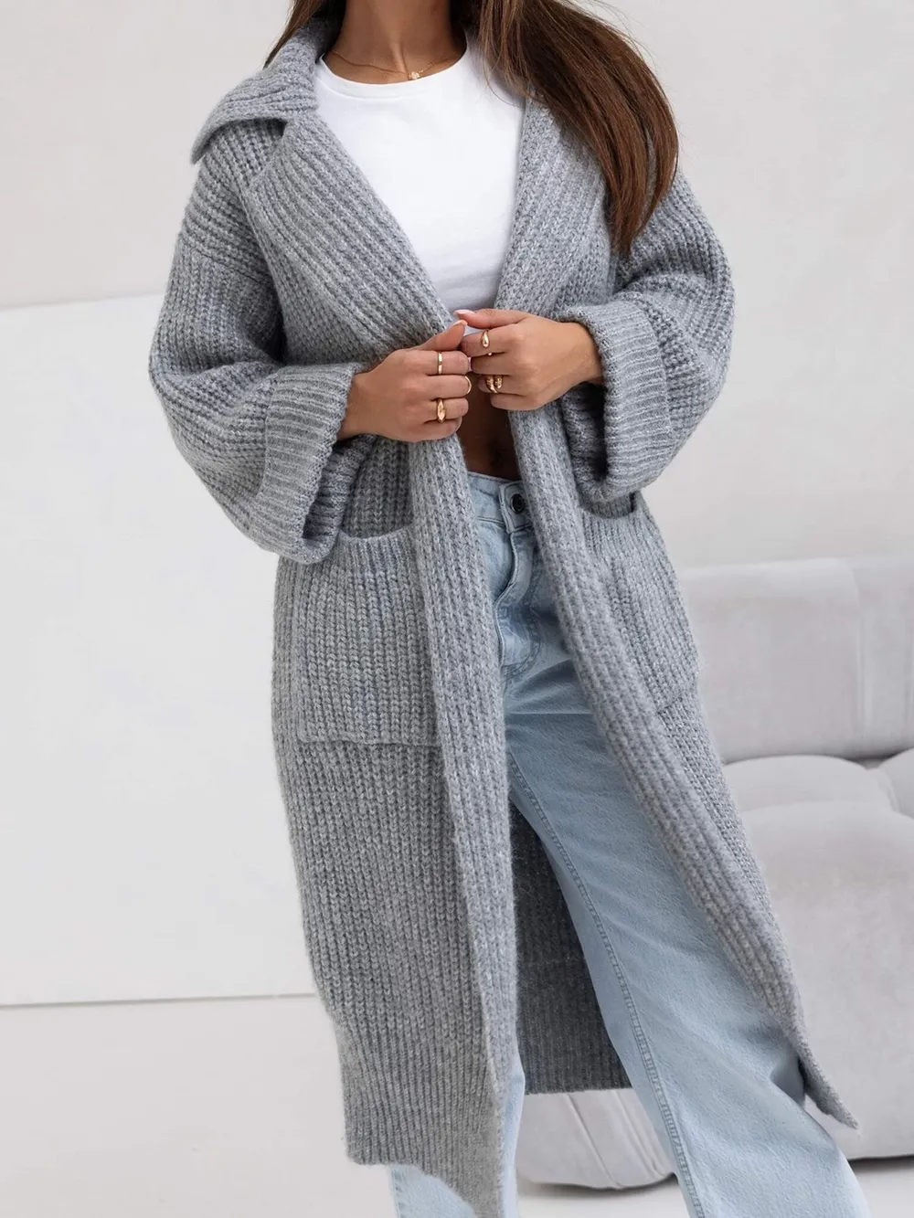 Pocketed Collared Neck Dropped Shoulder Cardigan, image 2
