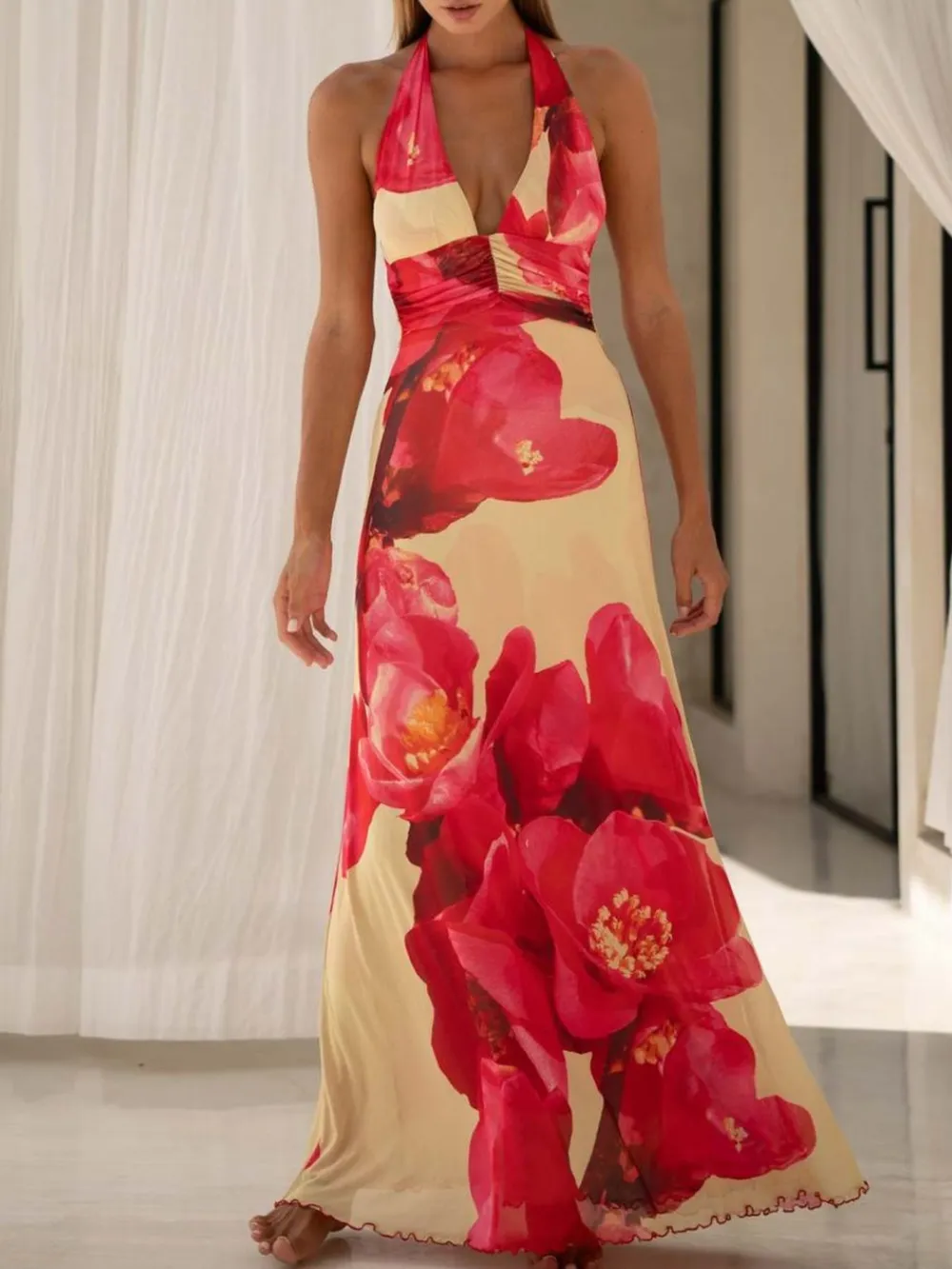 Floral Halter Neck Deep V Maxi Dress, image 11