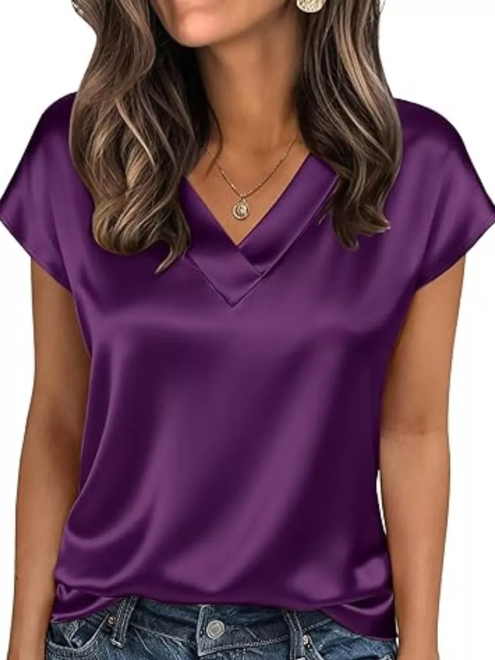 Satin V-Neck Short Sleeve Blouse, image 8