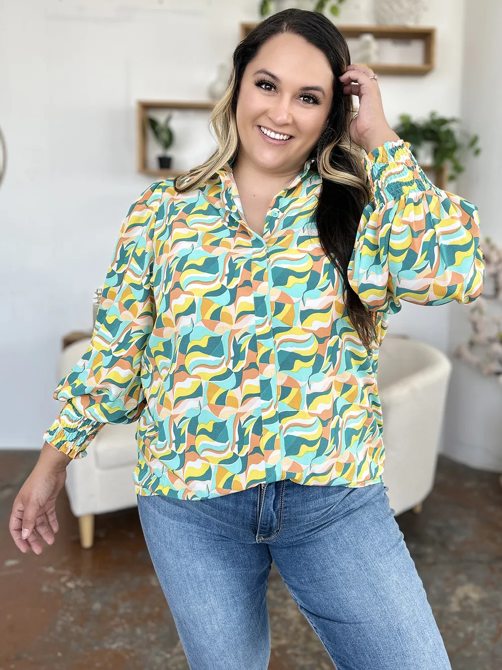Full Size Printed Smocked Long Sleeve Blouse, image 8