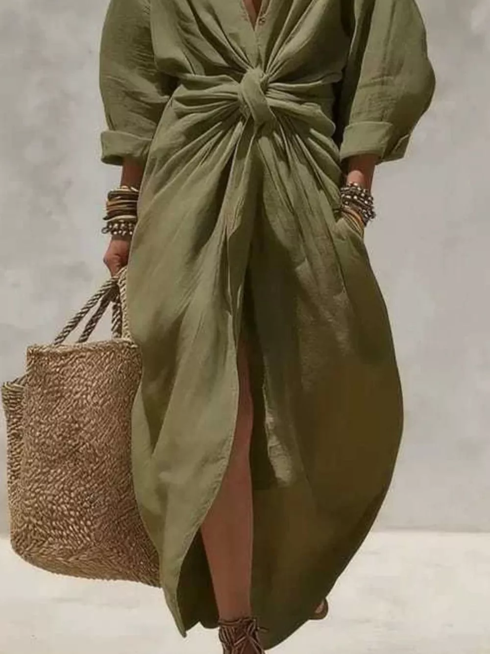 Front-Tie Maxi Shirt Dress, image 6