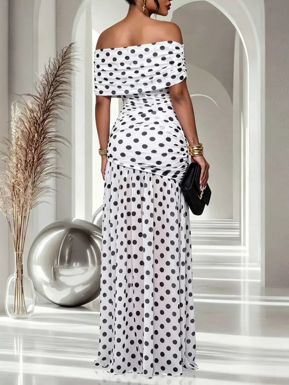 Polka Dot Off Shoulder Slit Maxi Dress, image 7