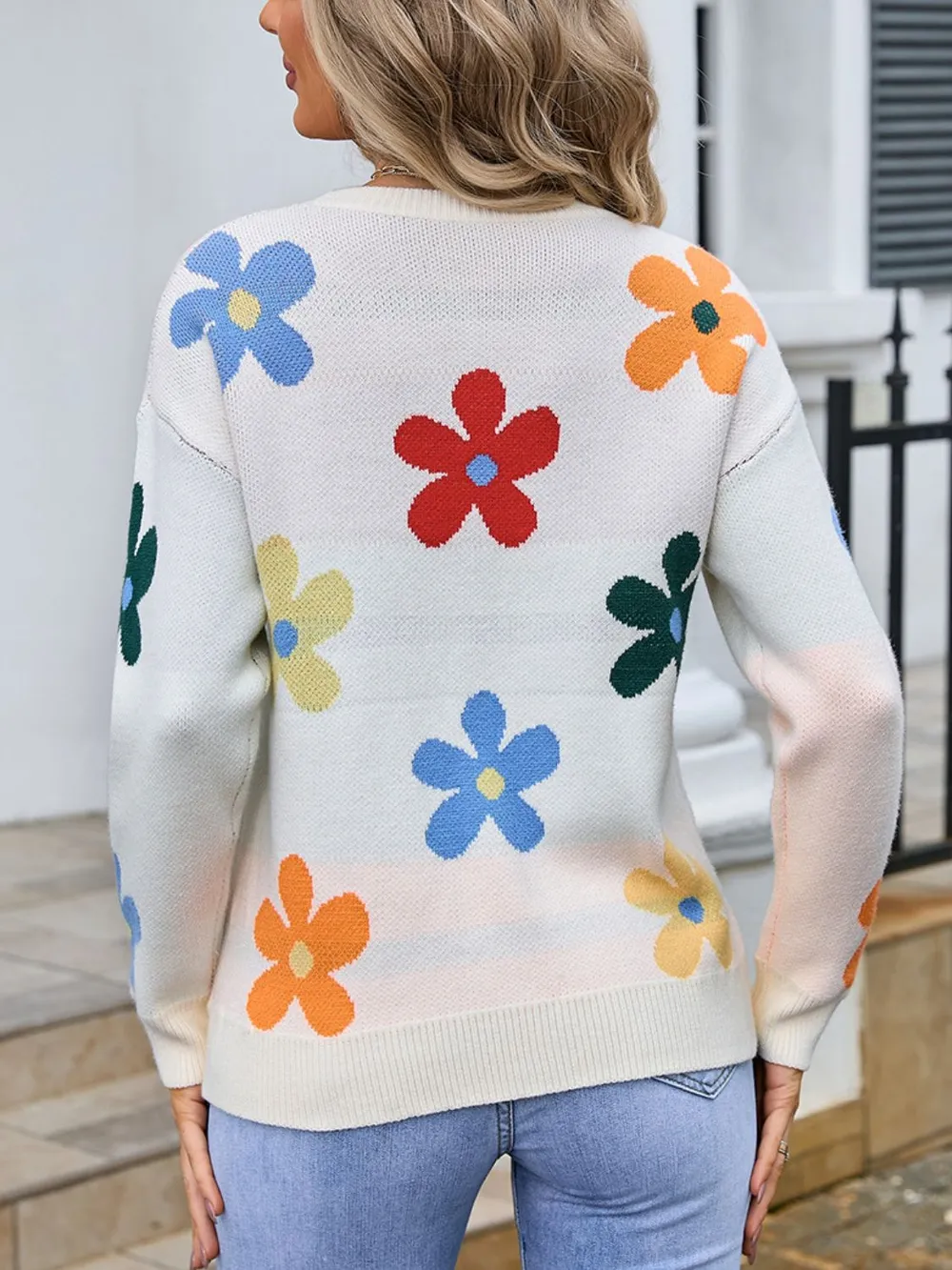 Flower Round Neck Long Sleeve Sweater, image 3
