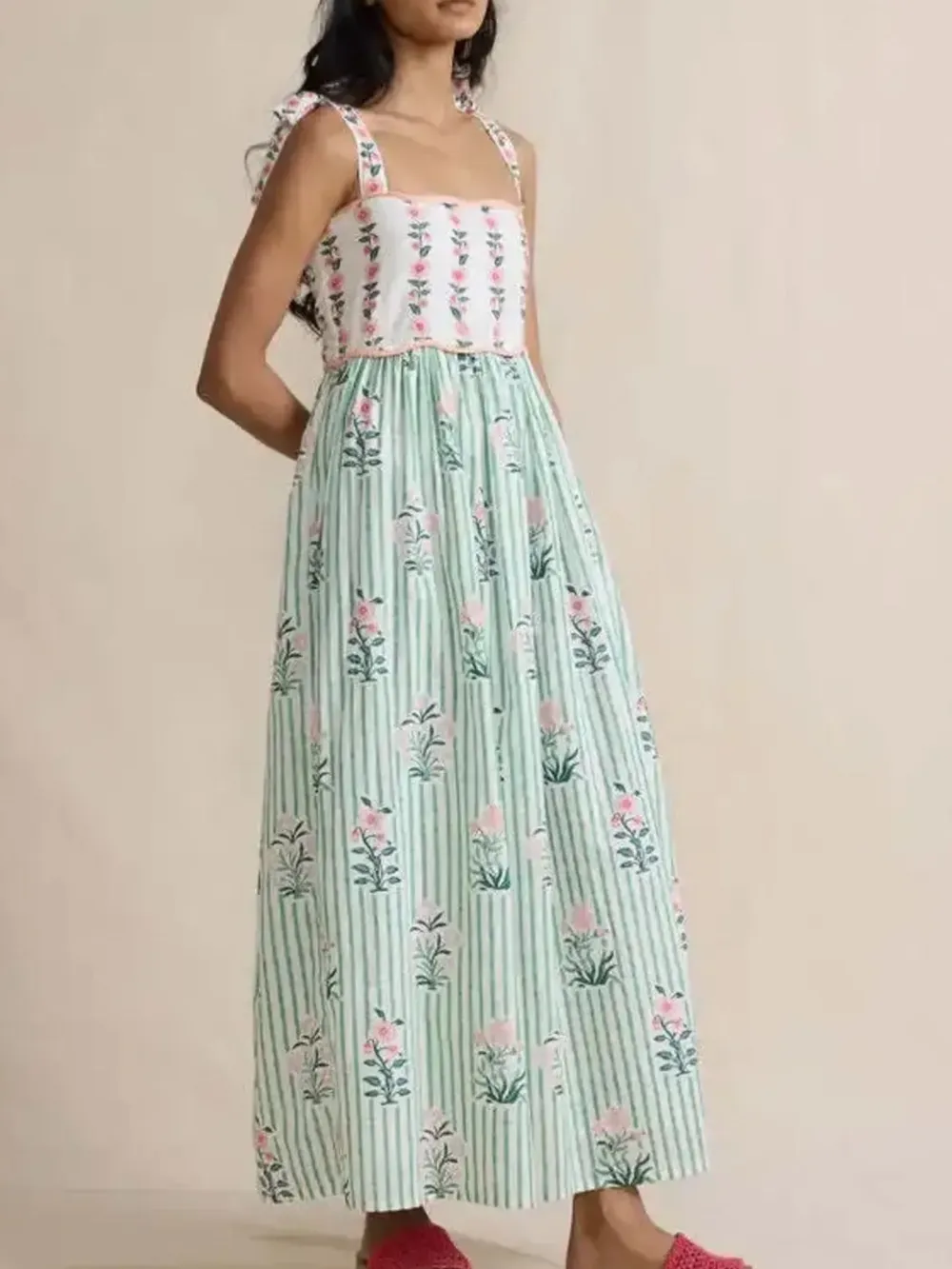 Floral Striped Maxi Cami Dress with Tie Straps, image 2
