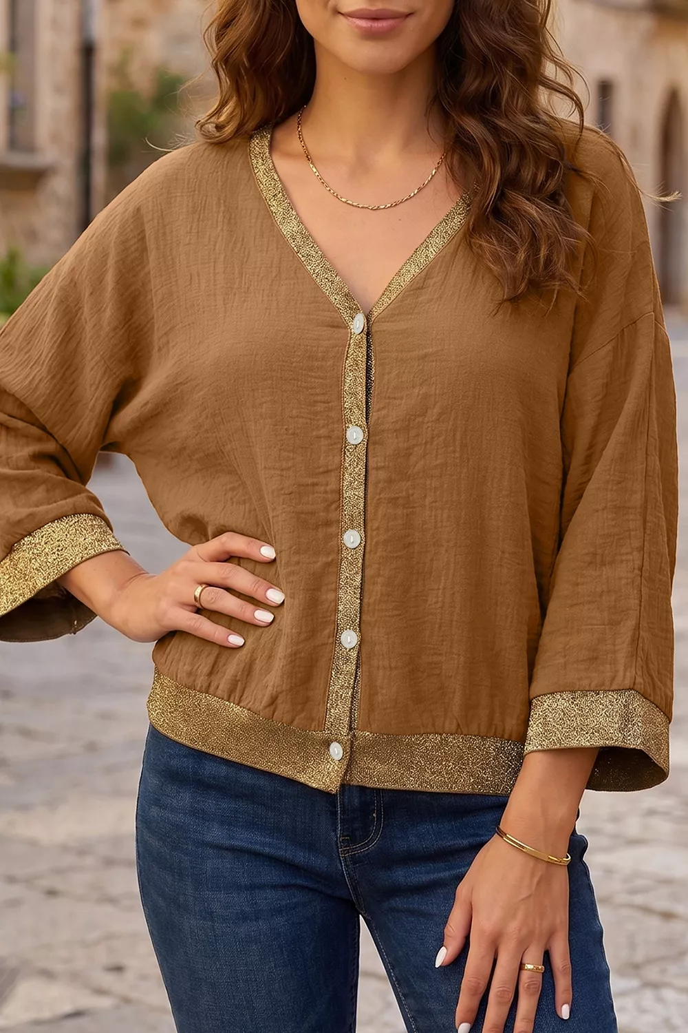 V-Neck Button Up Shirt, image 2