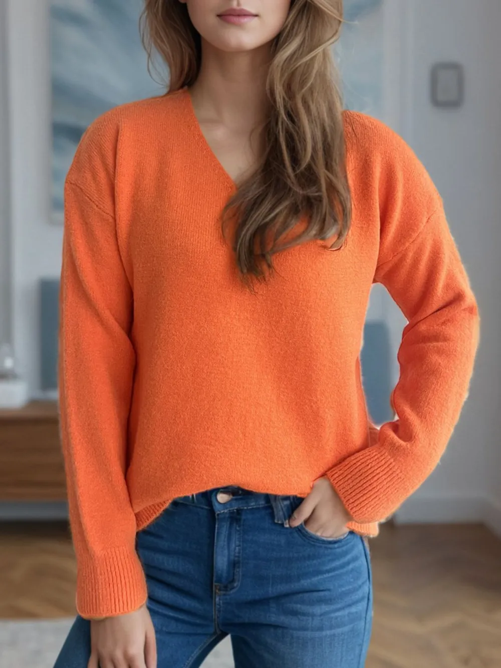 V-Neck Dropped Shoulder Long Sleeve Sweater, image 17