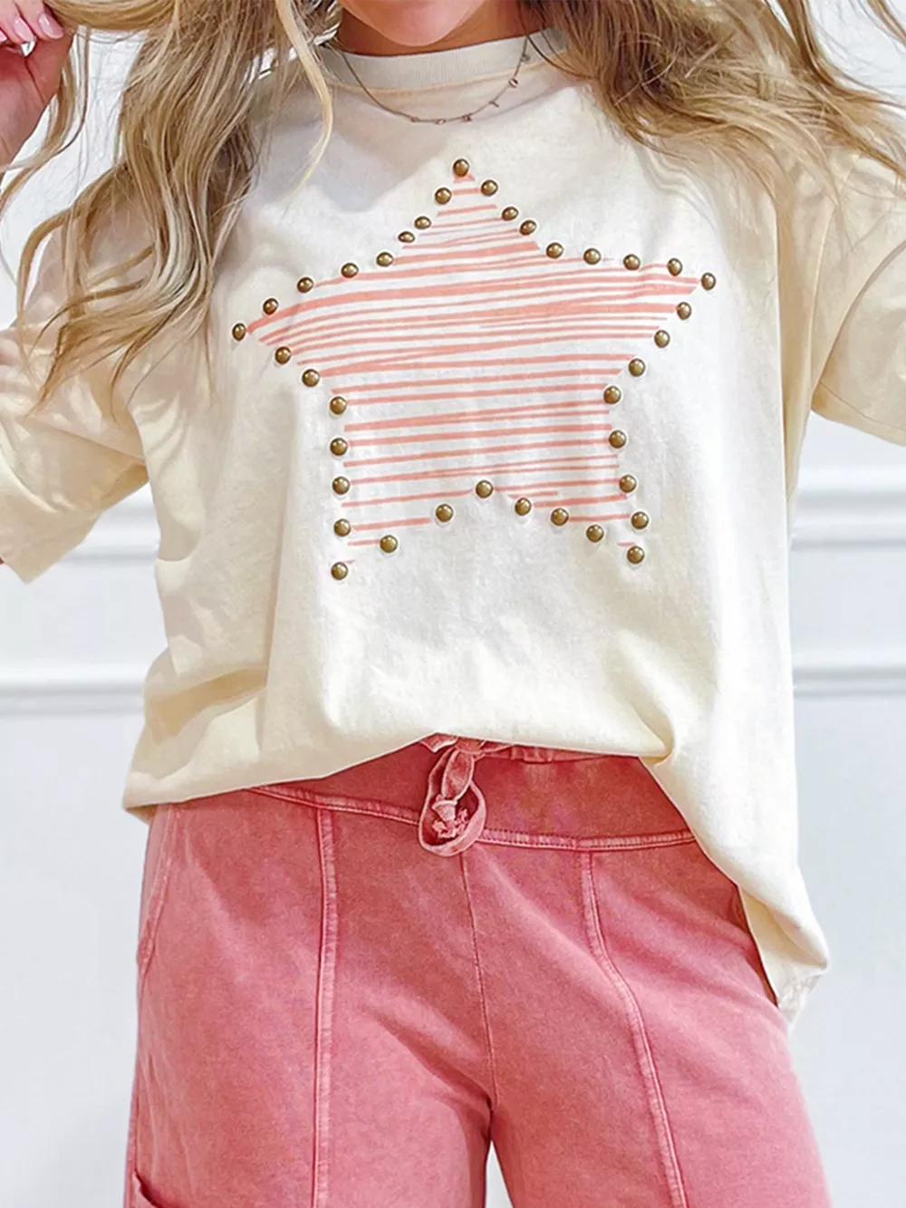 Star Print Stud Detail Cotton Jersey Top, image 4
