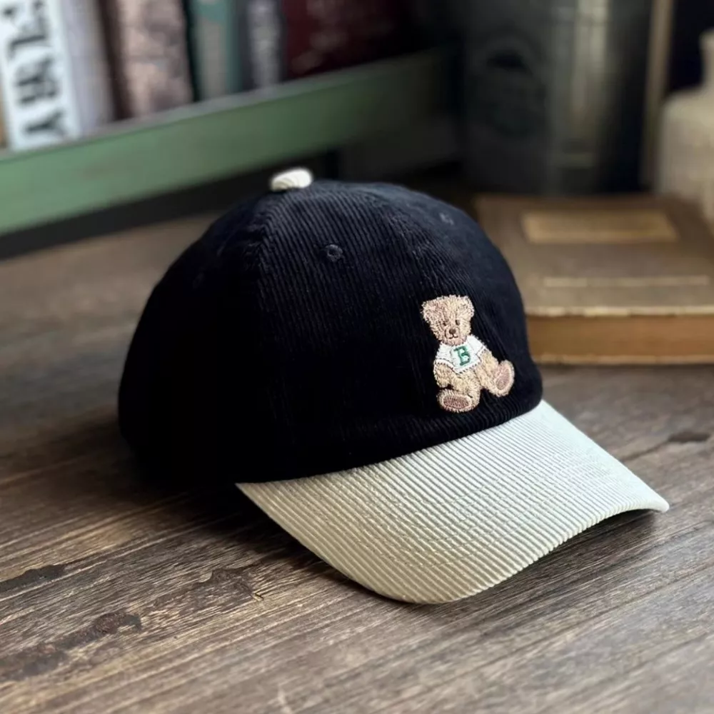 Corduroy Baseball Cap with Embroidered Bear