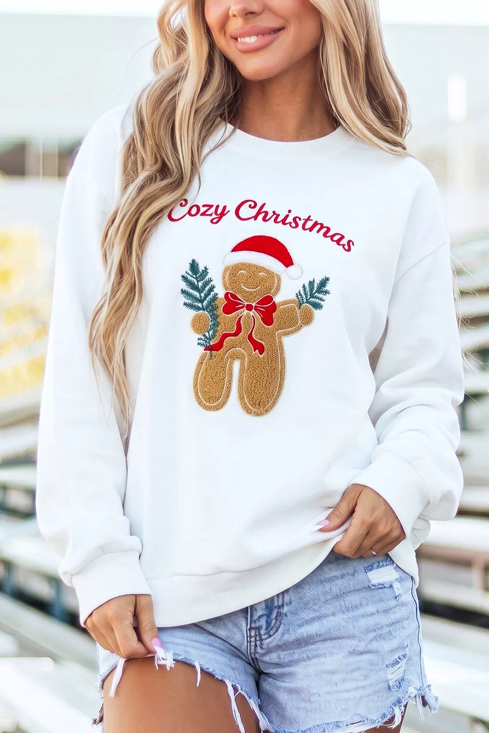 Embroidered Gingerbread Cozy Christmas Long Sleeve Round Neck Sweatshirt, image 6