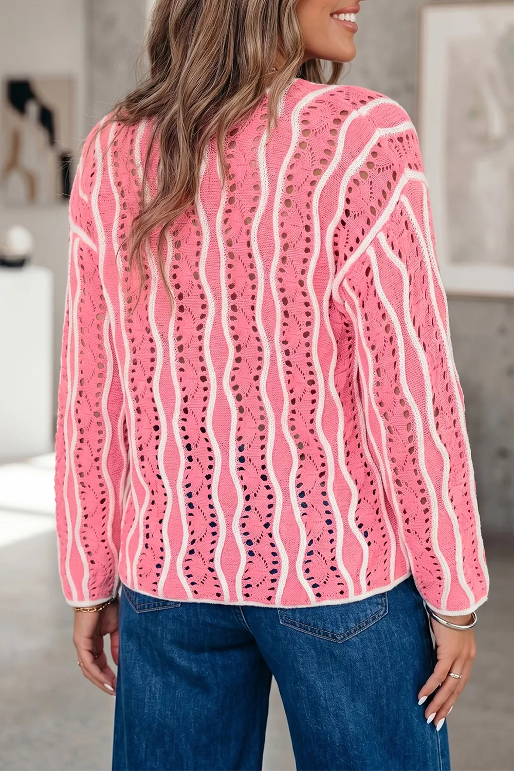 Wavy Detail Hollow Out Knit Long Sleeve Sweater, image 3