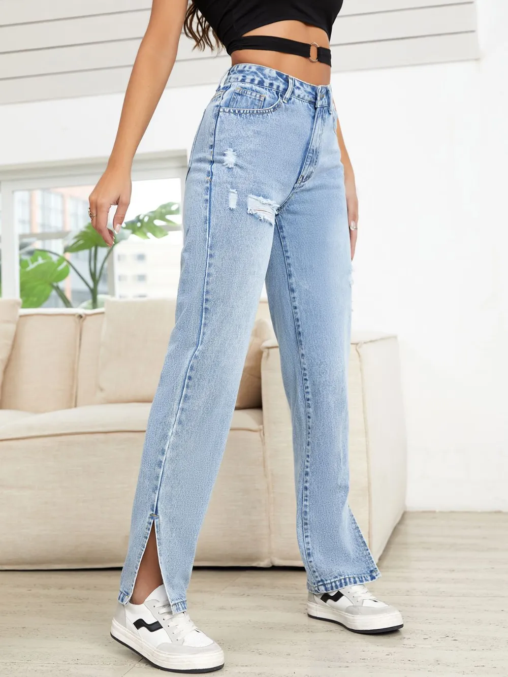 Distressed Slit Straight Leg Jeans, image 4