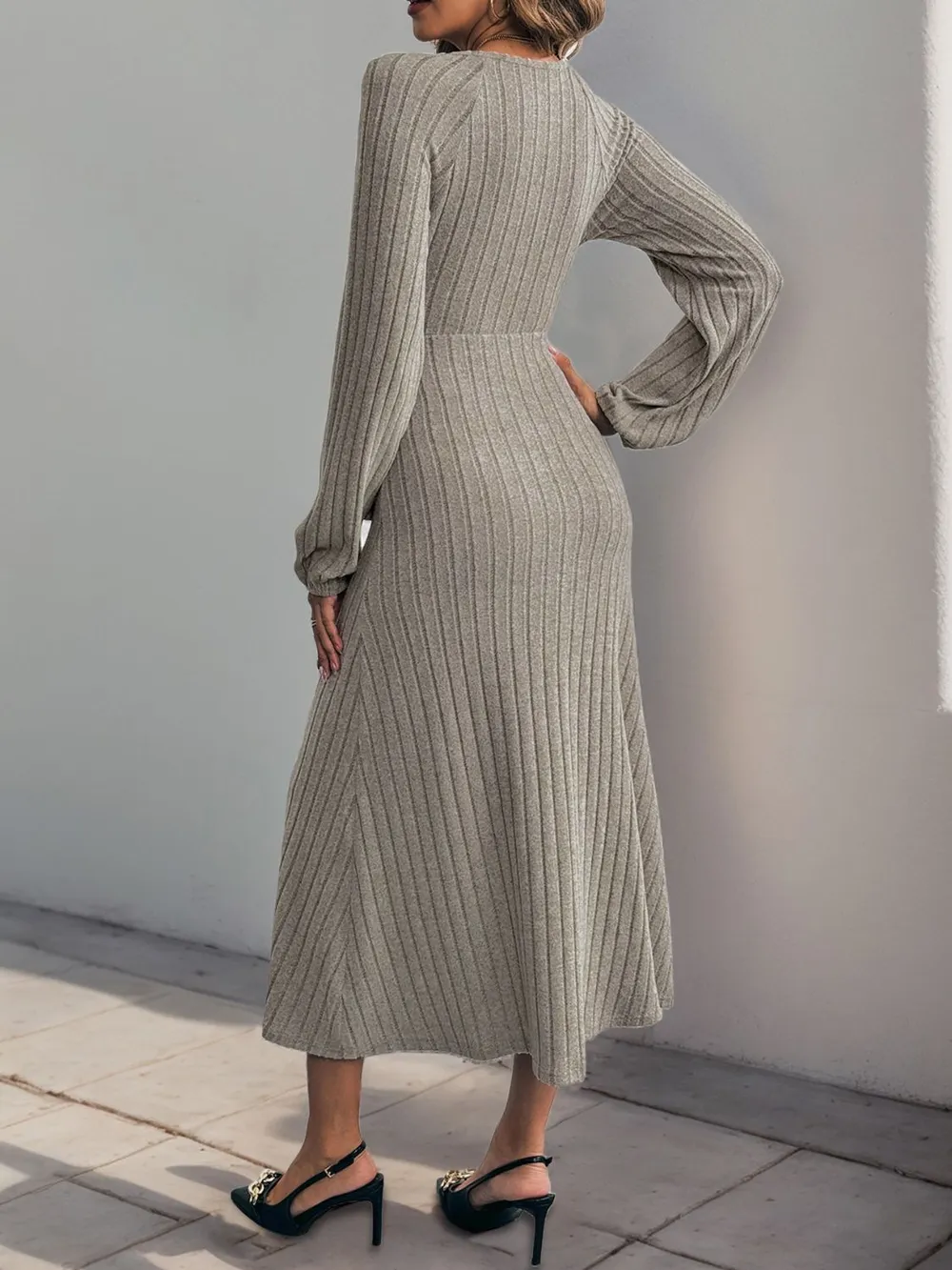 Ribbed Tied Surplice Long Sleeve Dress, image 2