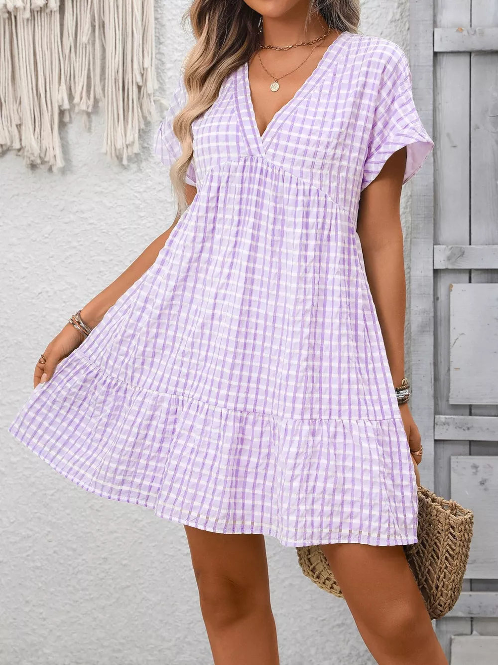 Plaid V-Neck Ruffle Hem Mini Dress, image 15