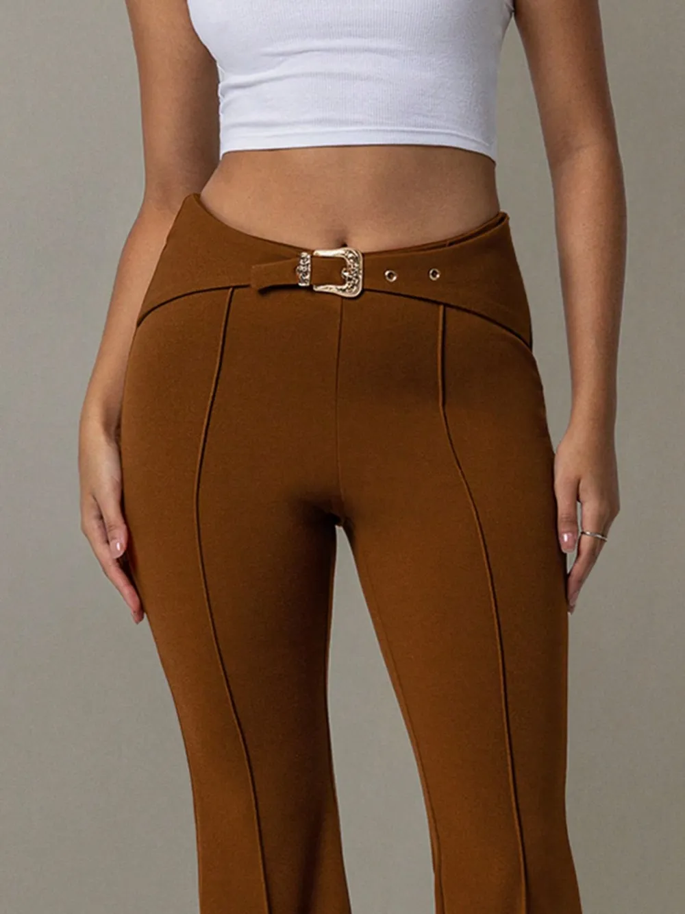 High Waist Flare Pants with Buckle Belt, image 6