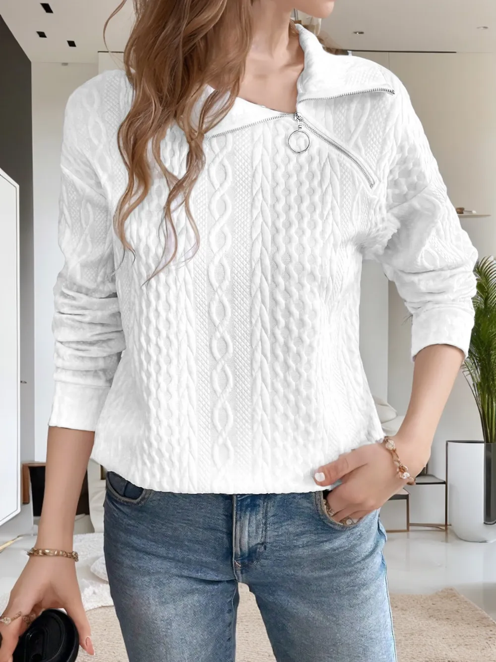 Oblique Zipper Collared Neck Long Sleeve Sweatshirt, image 2