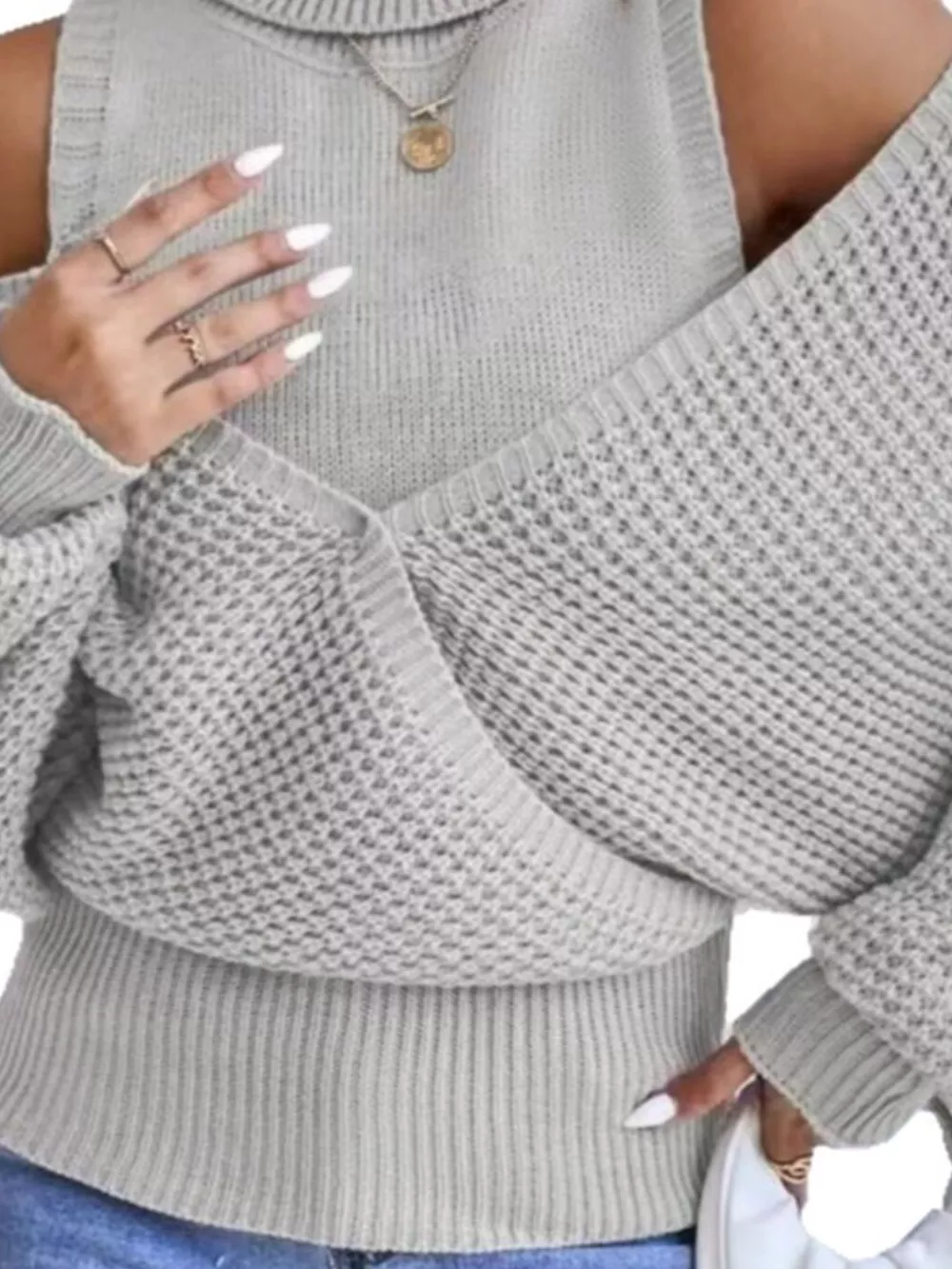 Waffle Knit Cold Shoulder Turtleneck Sweater, image 11