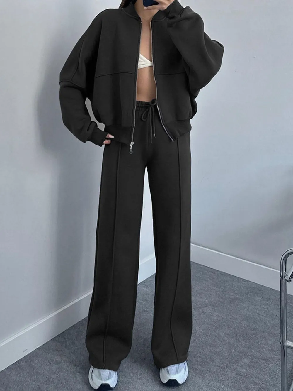 Baseball Collar Zip Up Top and Drawstring Paants Set, image 24