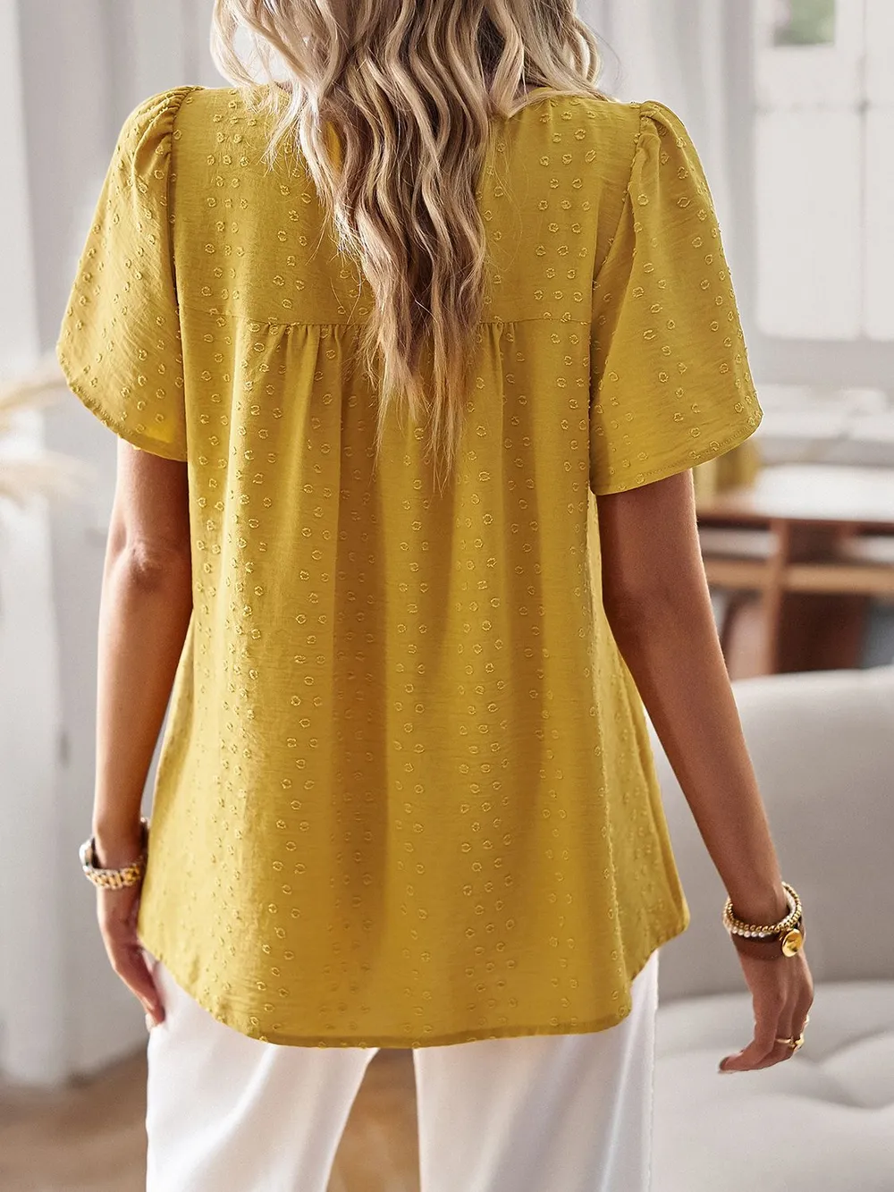 Lace Detail Round Neck Short Sleeve Blouse, image 3