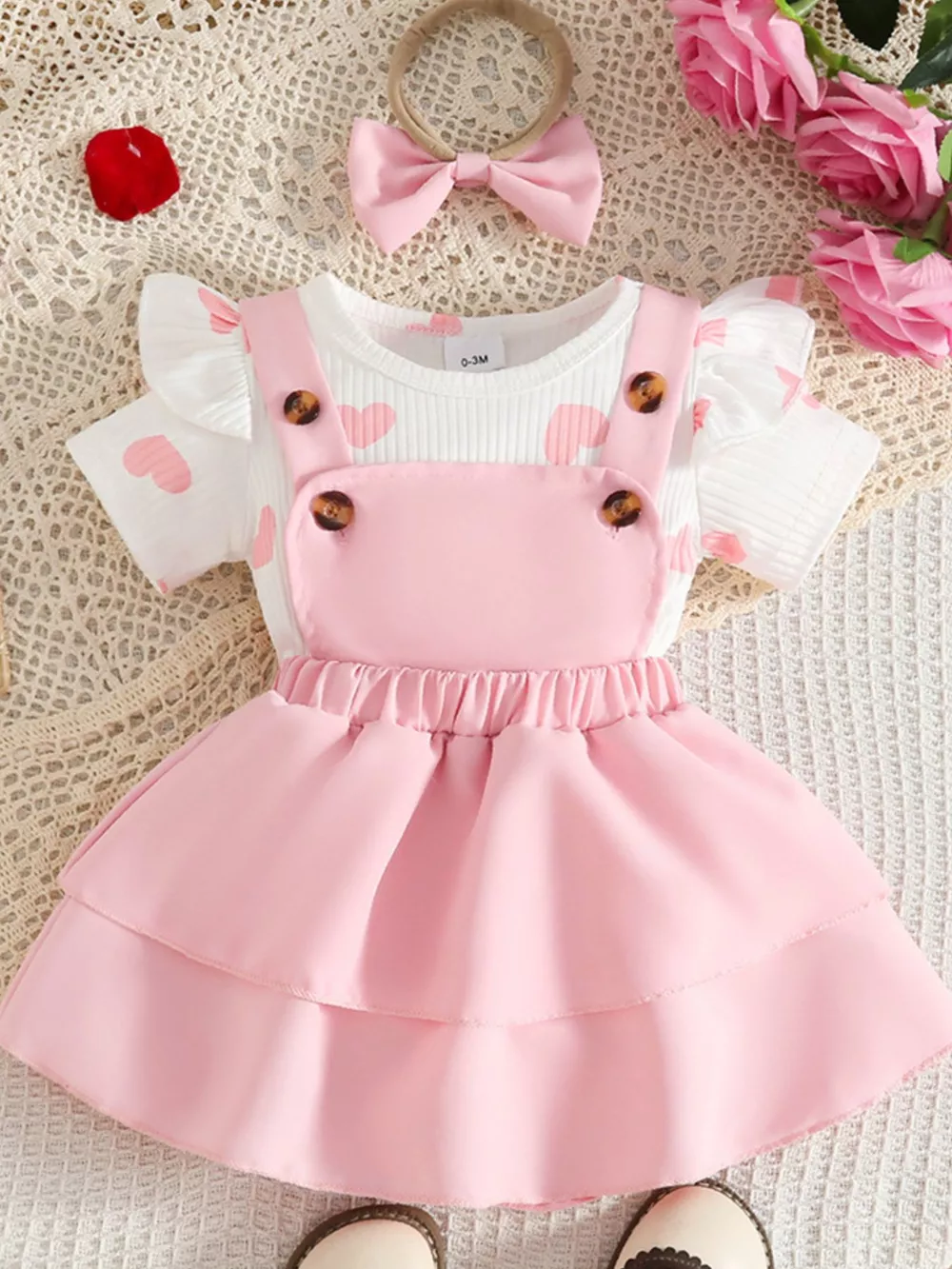 Children's Heart Print Ruffle Trim Bodysuit and Dress Set with Headband