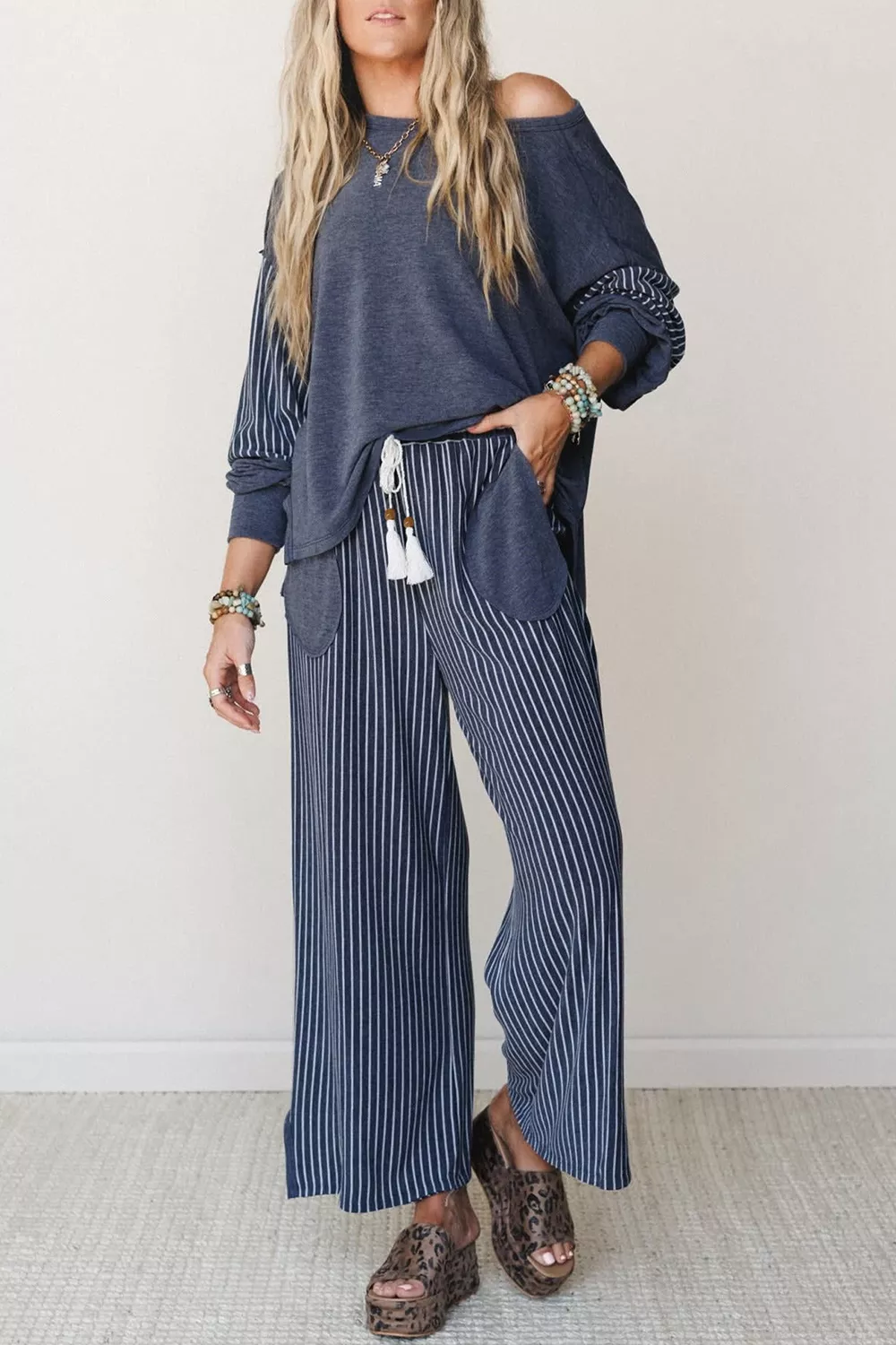 Raw Seam Patchwork Long Sleeve Top Pocket Casual Pants 2pcs Set