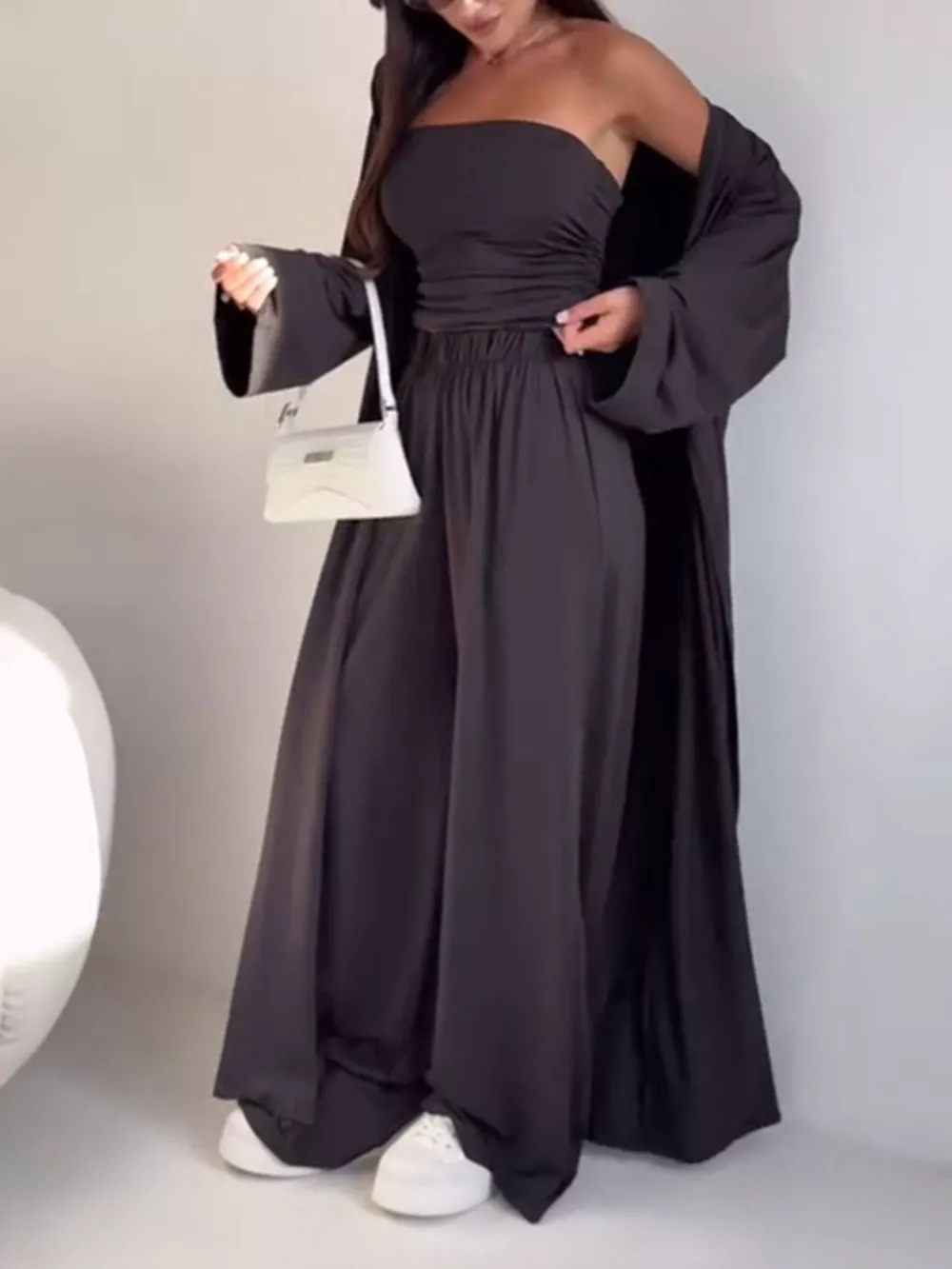 Chic Strapless Ruched Crop Top and Wide-Leg Pants with Cardigan 3-Piece Set, image 6