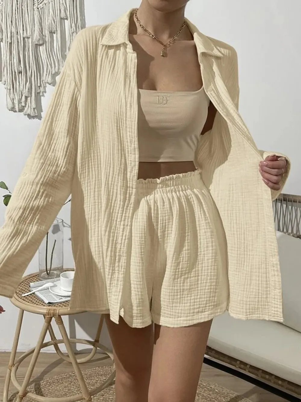 Dropped Shoulder Button Up Top and Elastic Waist Shorts Set, image 14