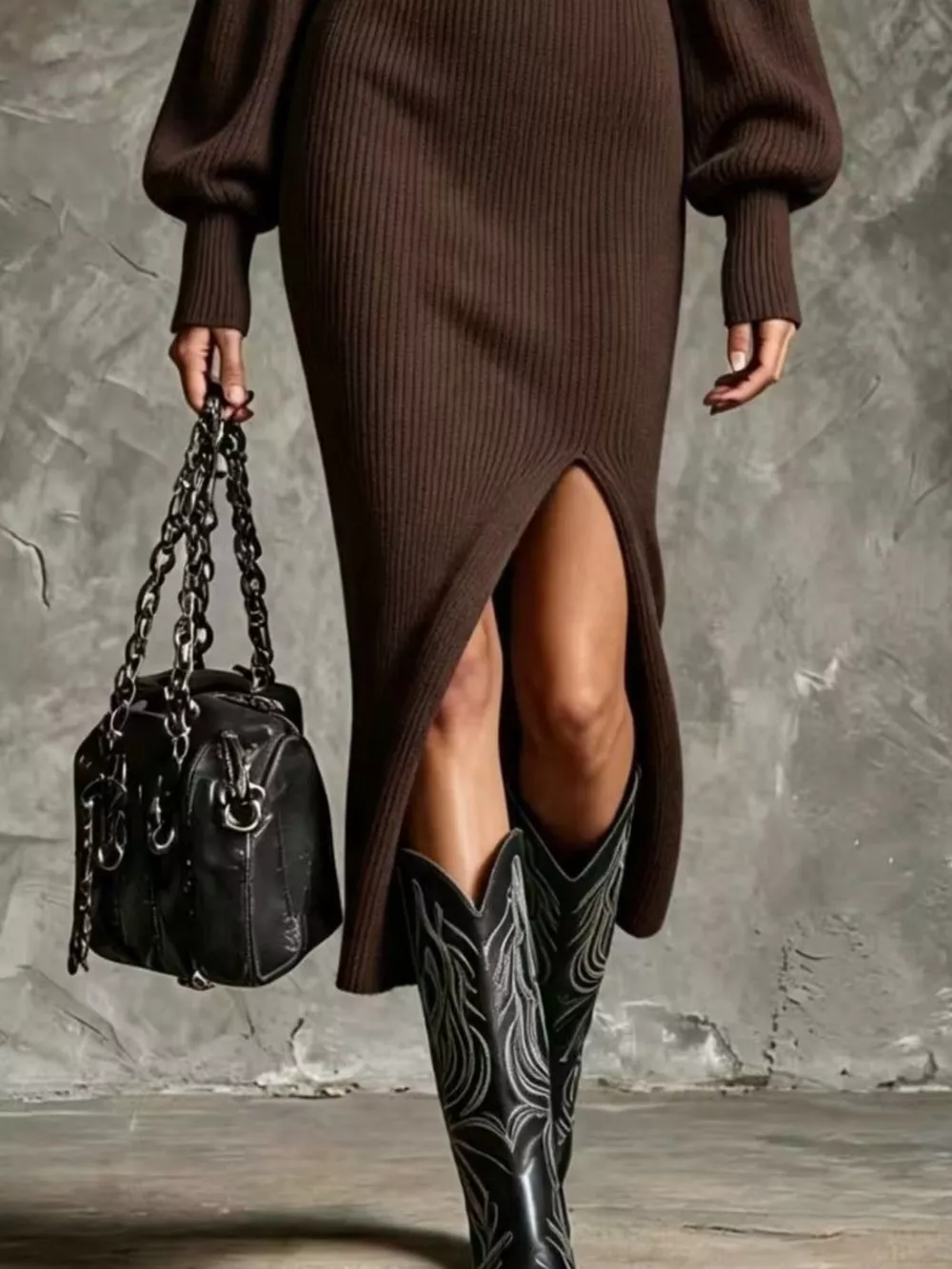 Ribbed Knit Quarter-Zip Lantern Sleeve Sweater Dress, image 12
