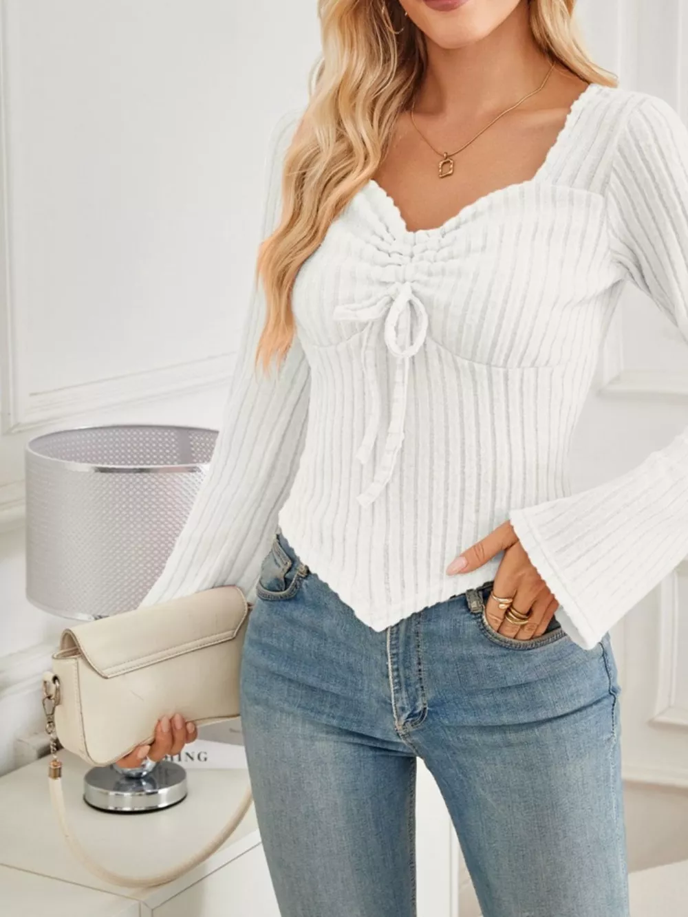 Ribbed Knit Drawstring Long Sleeve T-Shirt, image 17