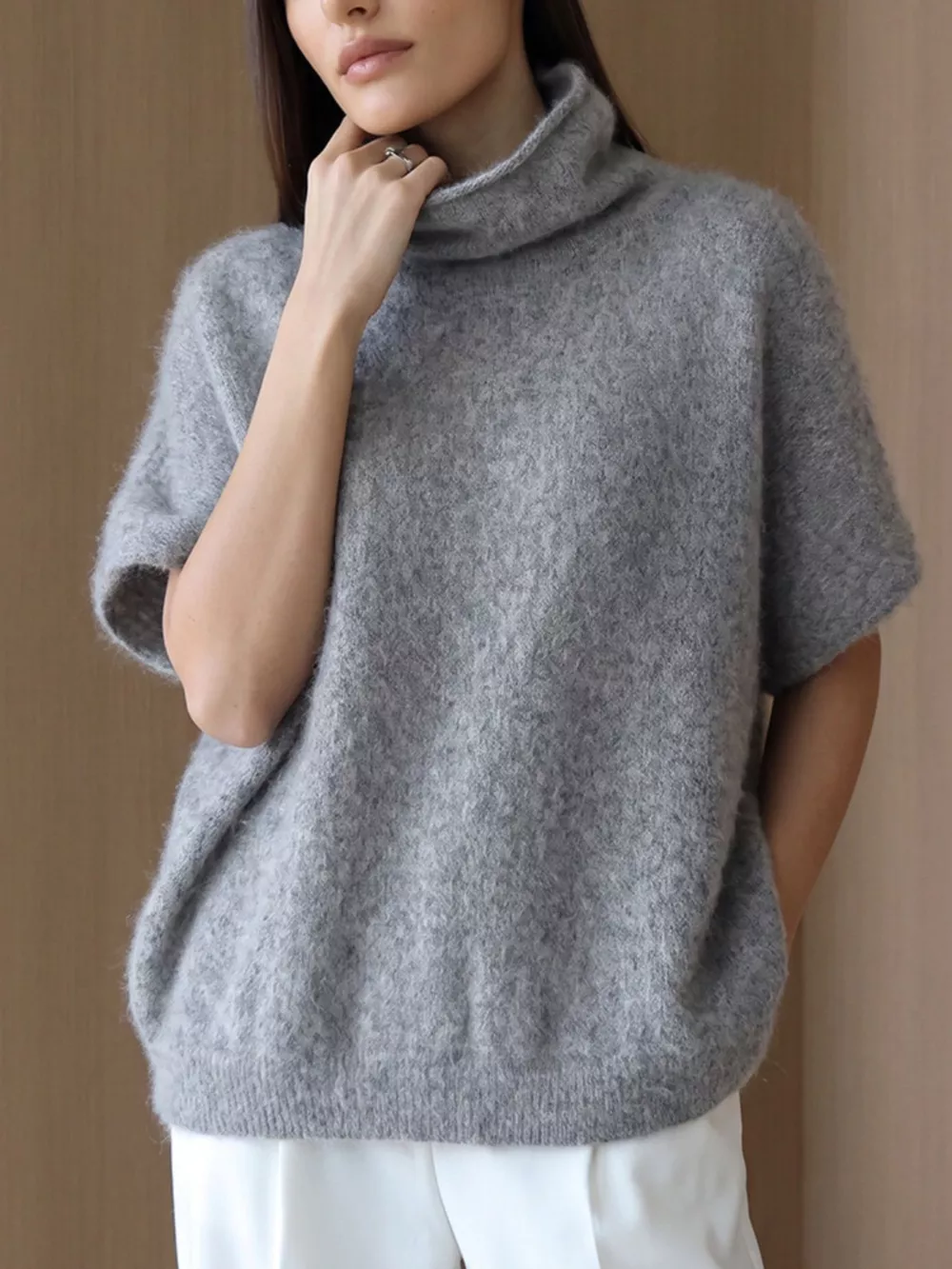 Turtleneck Fuzzy Short Sleeve Sweater, image 16