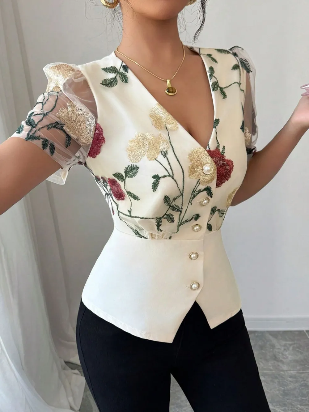 Floral Print V-Neck Button-Up Shirt, image 3